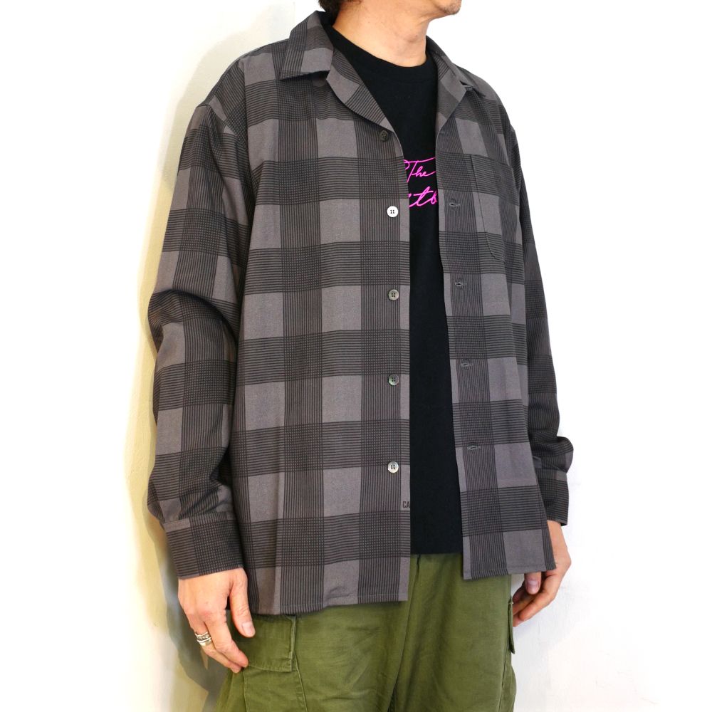 CALEE - RAYON CHECK OPEN COLLAR L/S SH (BLACK) / レーヨン チェック