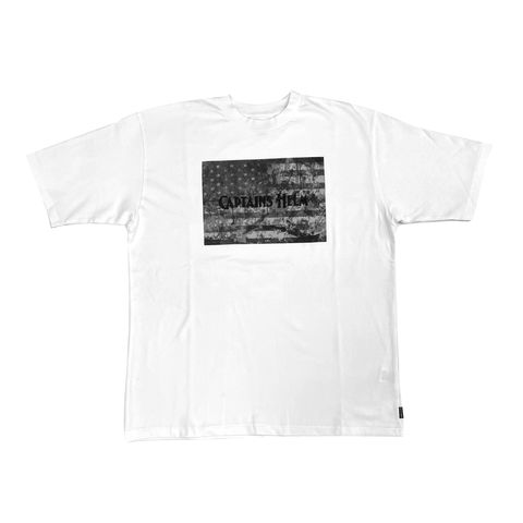 【ラスト1点】CAPTAIN’S FLAG TEE (WHITE) / ロゴ刺繍&アメリカンフラッグ プリント Tシャツ
