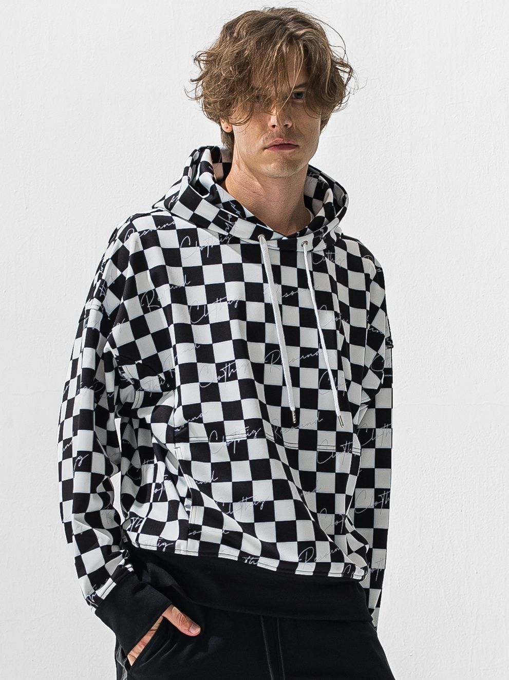CHECKER BACK FLEECE HOODIE / RC42-C-009 / 裏起毛チェッカー柄プルオーバーパーカー / ホワイト×ブラック (11月上旬入荷予定)