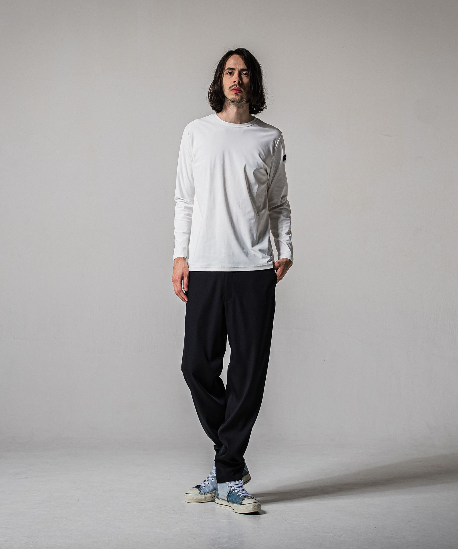 PAT WIDE EASY PANTS / RC39-ST-036BN / サテンワイドテーパードパンツ / ブラック (2月下旬入荷予定)