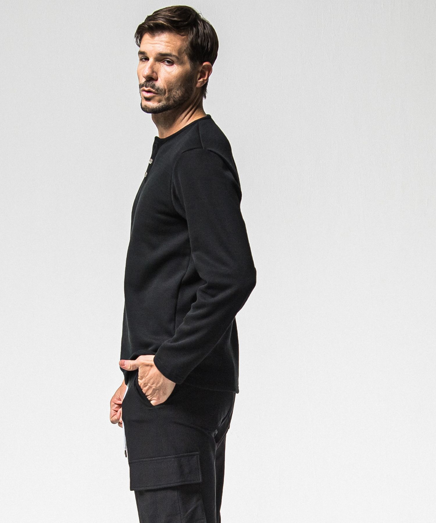 VELOURS FLEECE THERMAL HENRY / RC38-C-003 / 裏起毛サーマルヘンリーネックロングTシャツ / ブラック (10月中旬入荷予定)