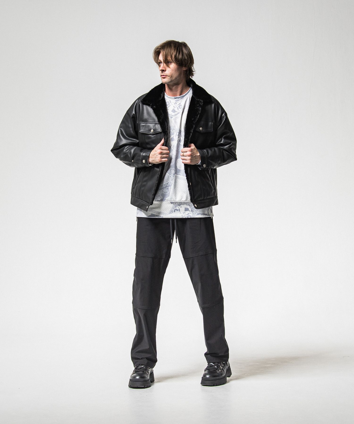 JOHNSON LINE HEAT WIDE TUCK PANTS / RC38-ST-009HWT / 裏起毛ジョンソンラインワイドタックパンツ / ブラック×ホワイト (10月下旬入荷予定)