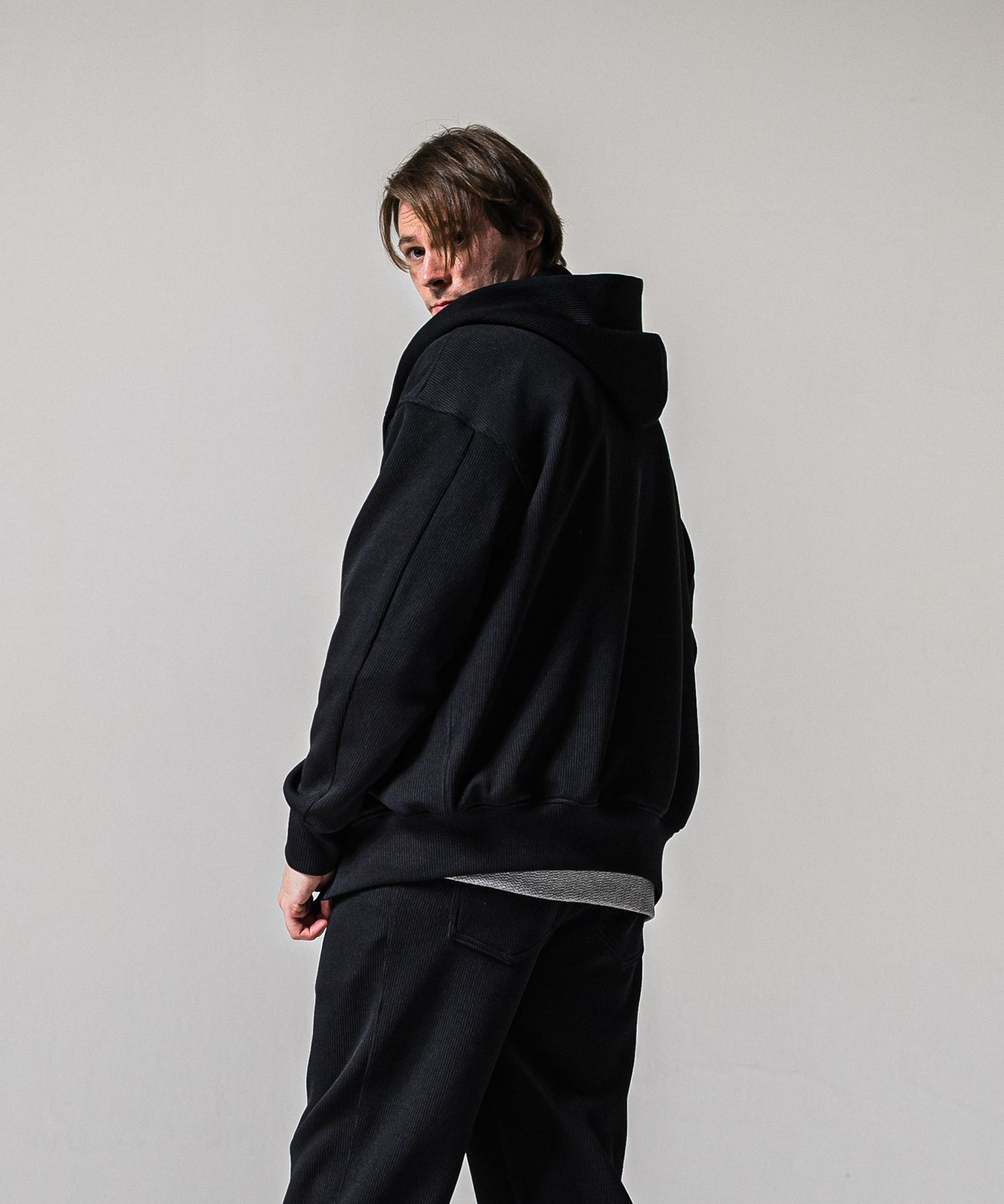 AZE VARSITY HOODIE / RC39-C-006 / 高機能畦編みニットトレーナー / ブラック (1月中旬入荷予定)