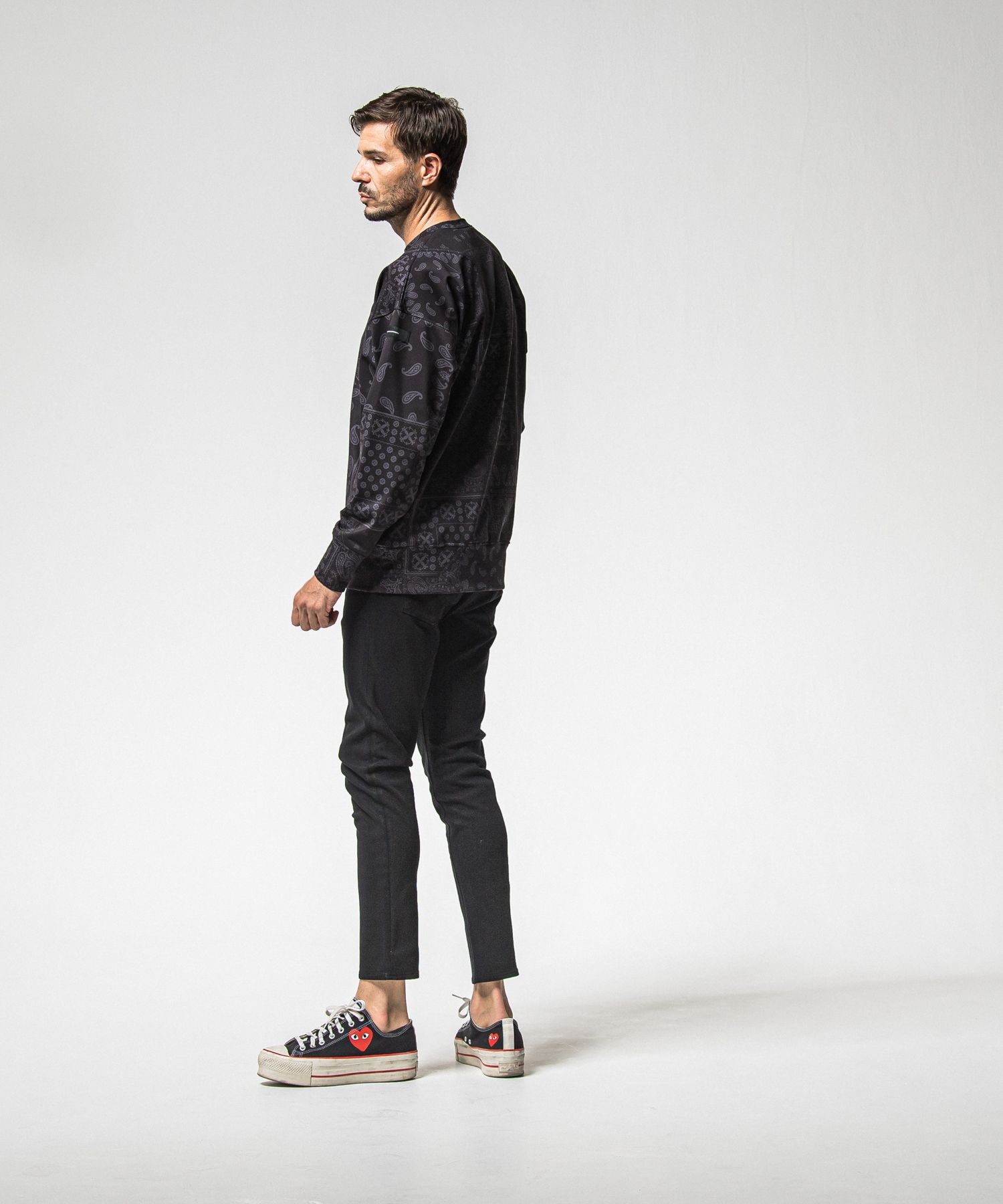 PAISLEY BACK FLEECE DROP TRAINER / RC38-C-008 / 裏起毛ペイズリートレーナー / ブラック (10月中旬入荷予定)