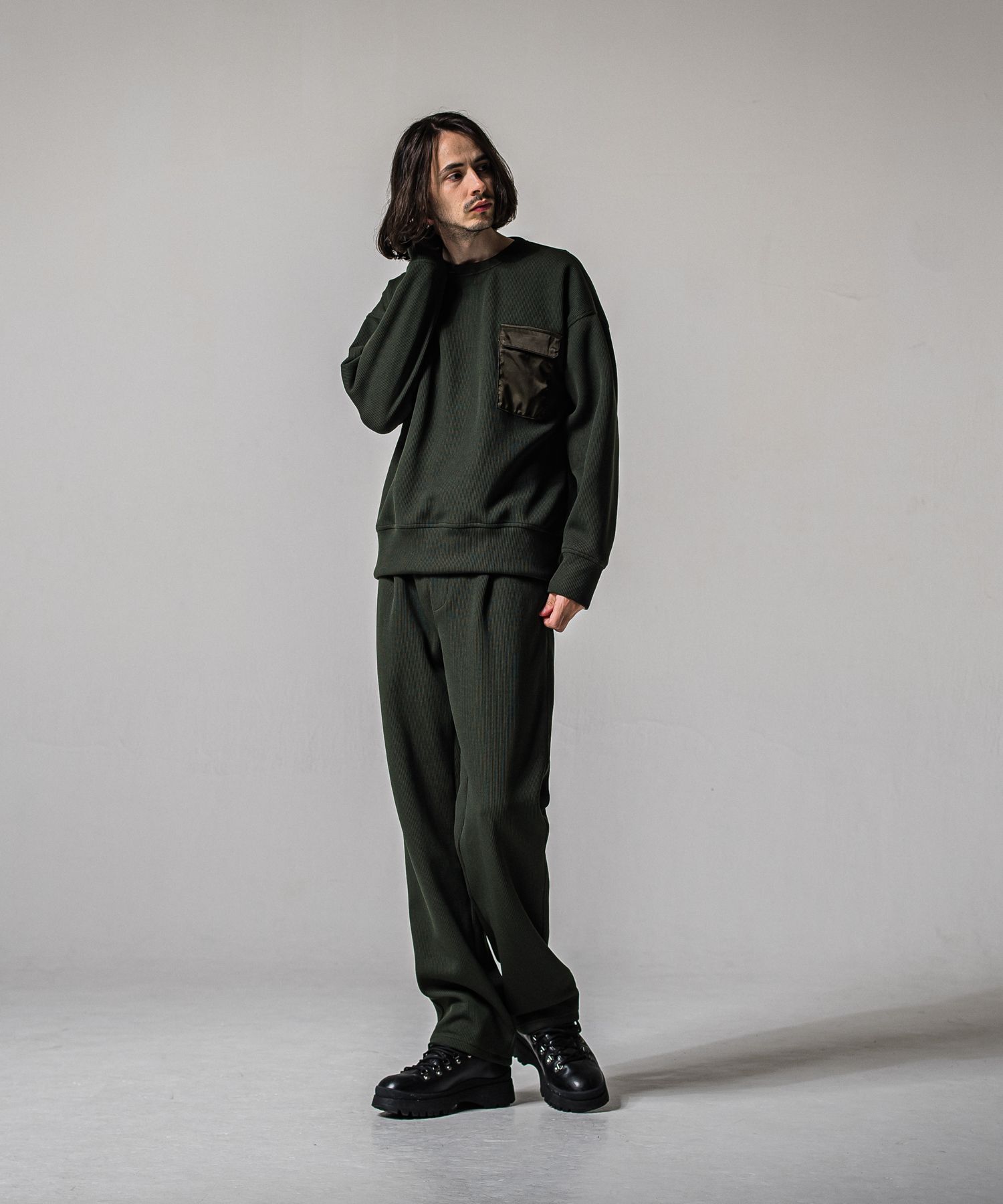 AZE WIDE TUCK PANTS / RC39-ST-016WT2 / 高機能畦編みニットワイドタックパンツ / カーキ (1月中旬入荷予定)