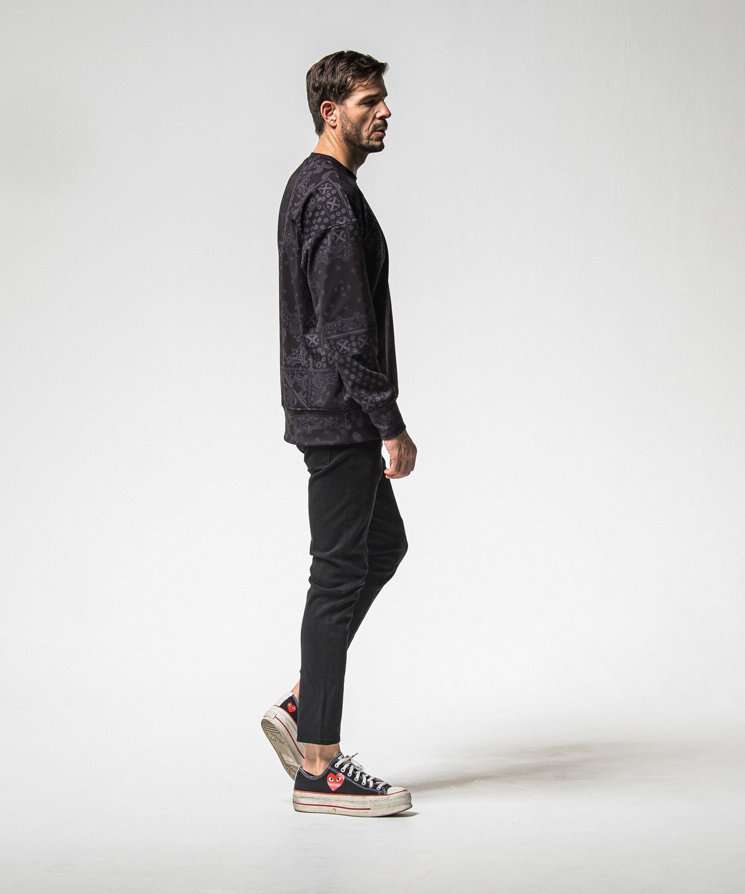 PAISLEY BACK FLEECE DROP TRAINER / RC38-C-008 / 裏起毛ペイズリートレーナー / ブラック (10月中旬入荷予定)