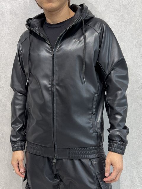 シンセティックレザージップアップパーカー / uso-25154 / ブラック