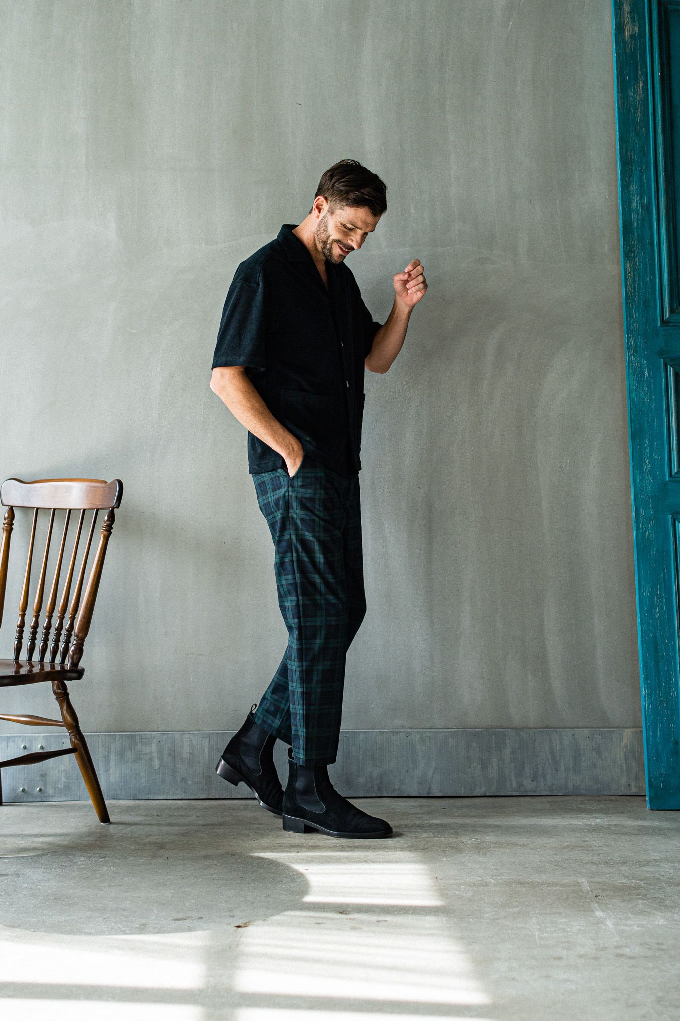 PAT WIDE EASY PANTS / RC32-ST-036 / ベルト付きテーパードワイドパンツ / グリーンチェック