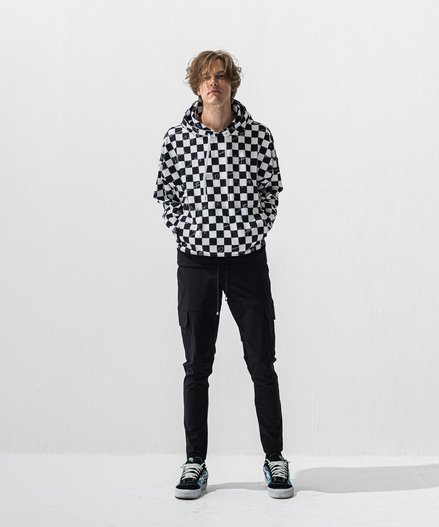 CHECKER BACK FLEECE HOODIE / RC42-C-009 / 裏起毛チェッカー柄プルオーバーパーカー / ホワイト×ブラック (11月上旬入荷予定)