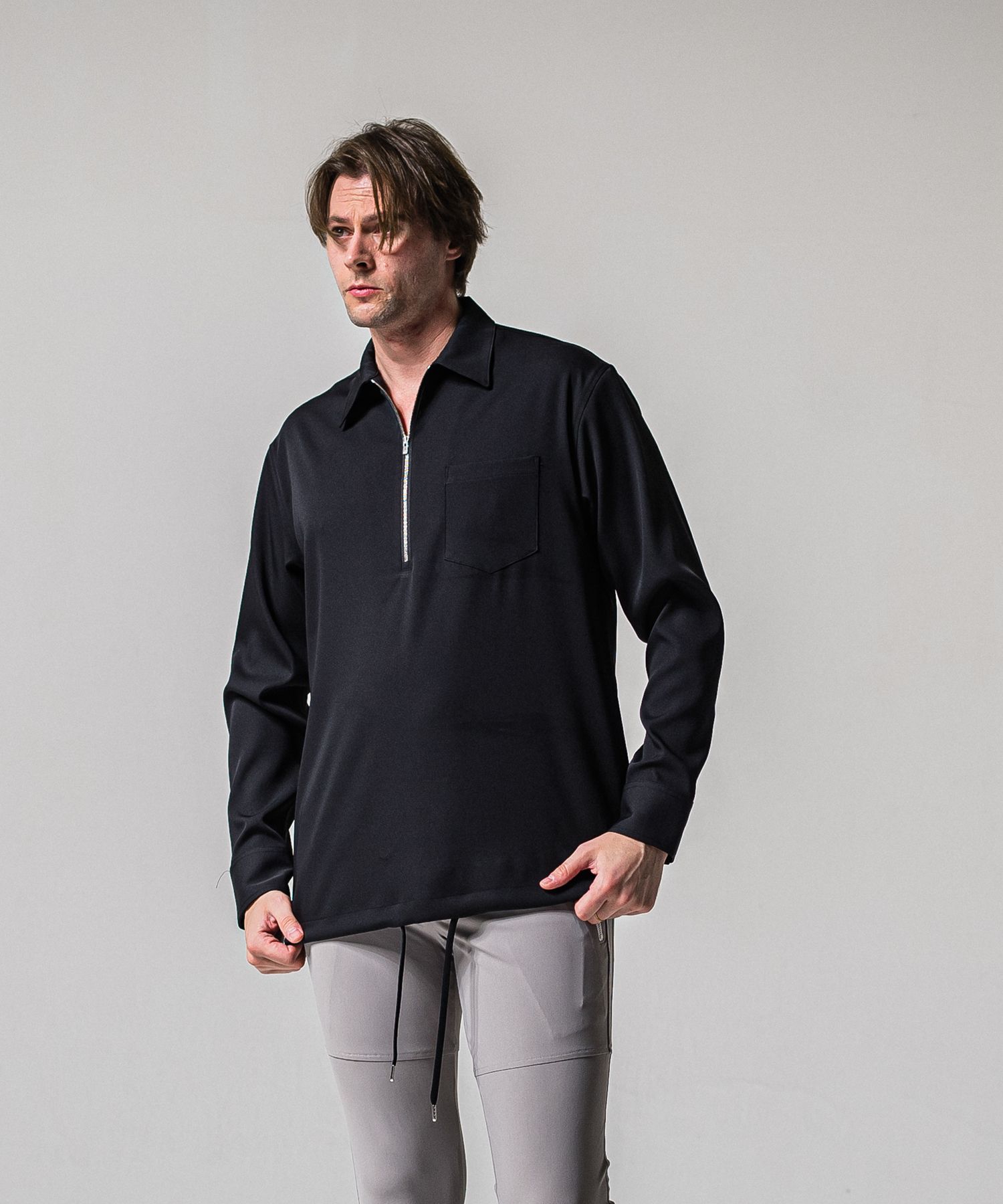 PULLOVER SATIN SHIRT / RC39-SH-002 / ハーフジップサテンシャツ / ブラック (3月上旬入荷予定)