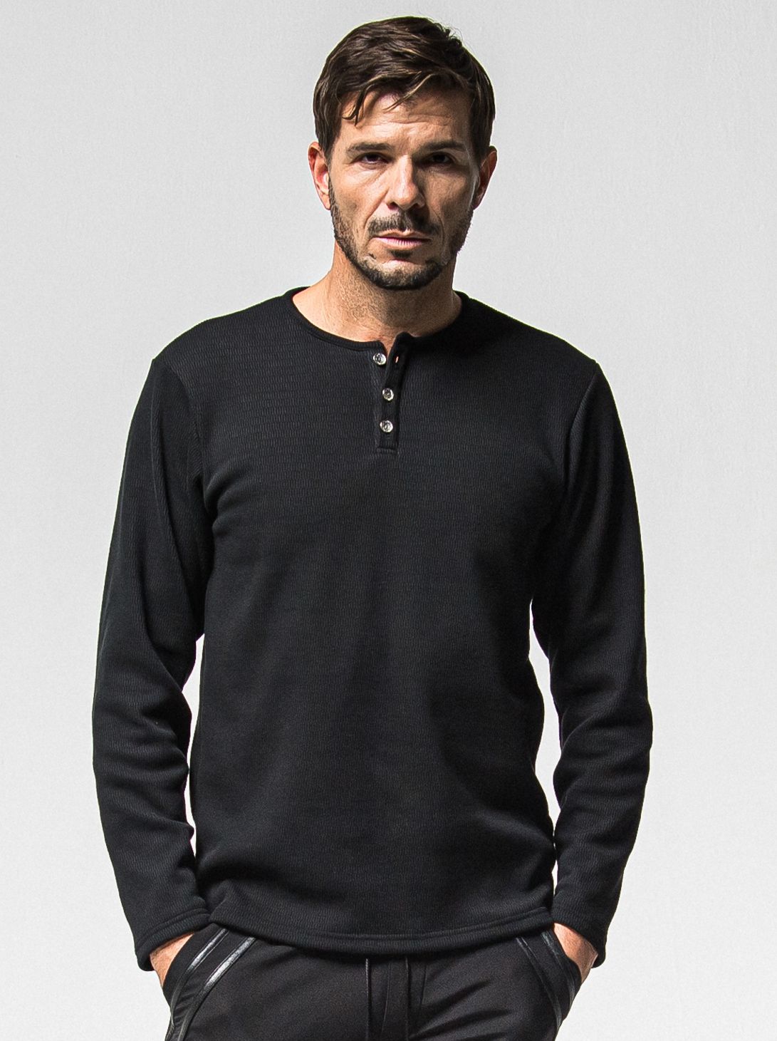 VELOURS FLEECE THERMAL HENRY / RC38-C-003 / 裏起毛サーマルヘンリーネックロングTシャツ / ブラック (10月中旬入荷予定)