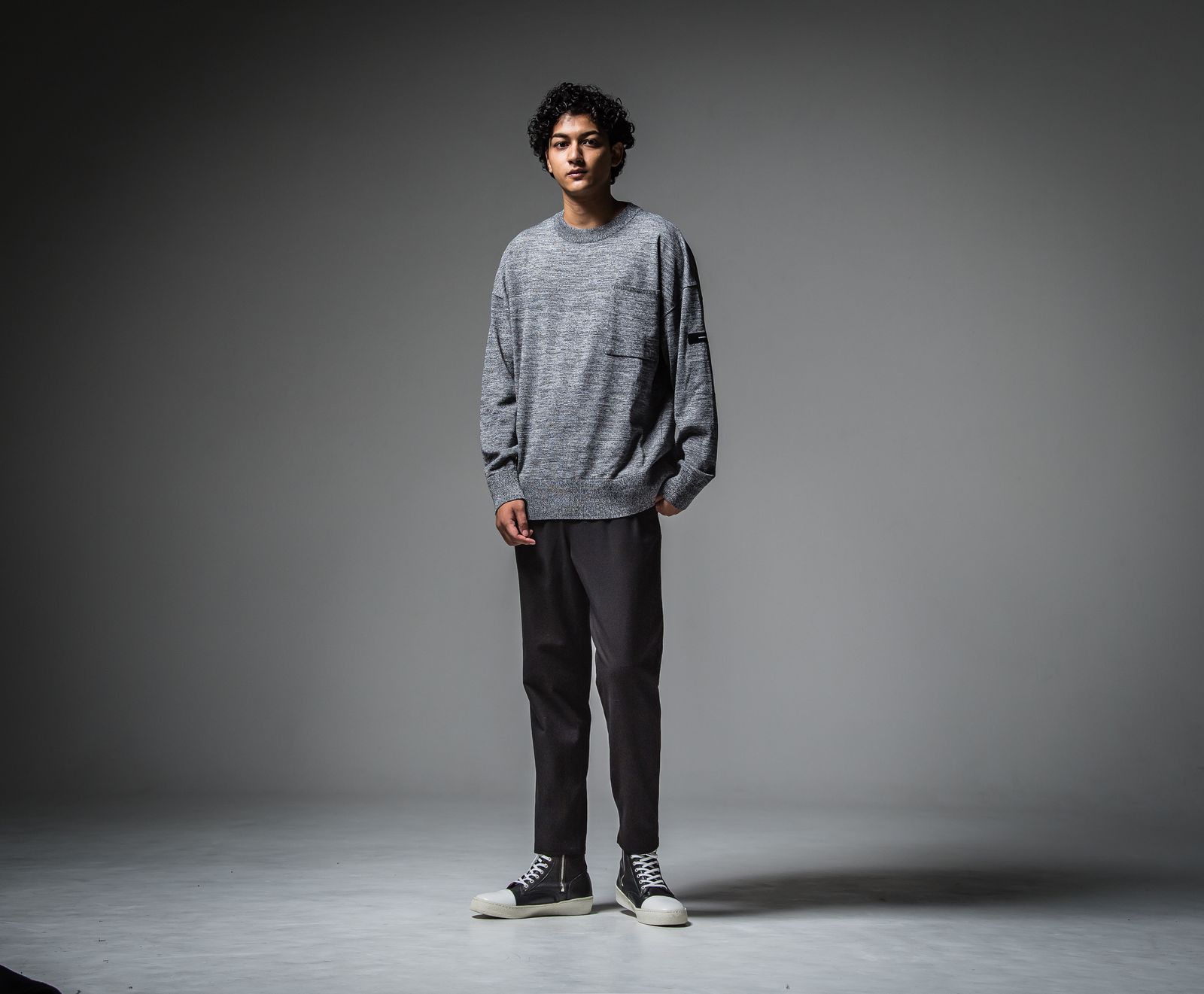 PAT WIDE EASY PANTS / RC30-ST-036 / ベルト付きテーパードワイドパンツ / ブラックウール