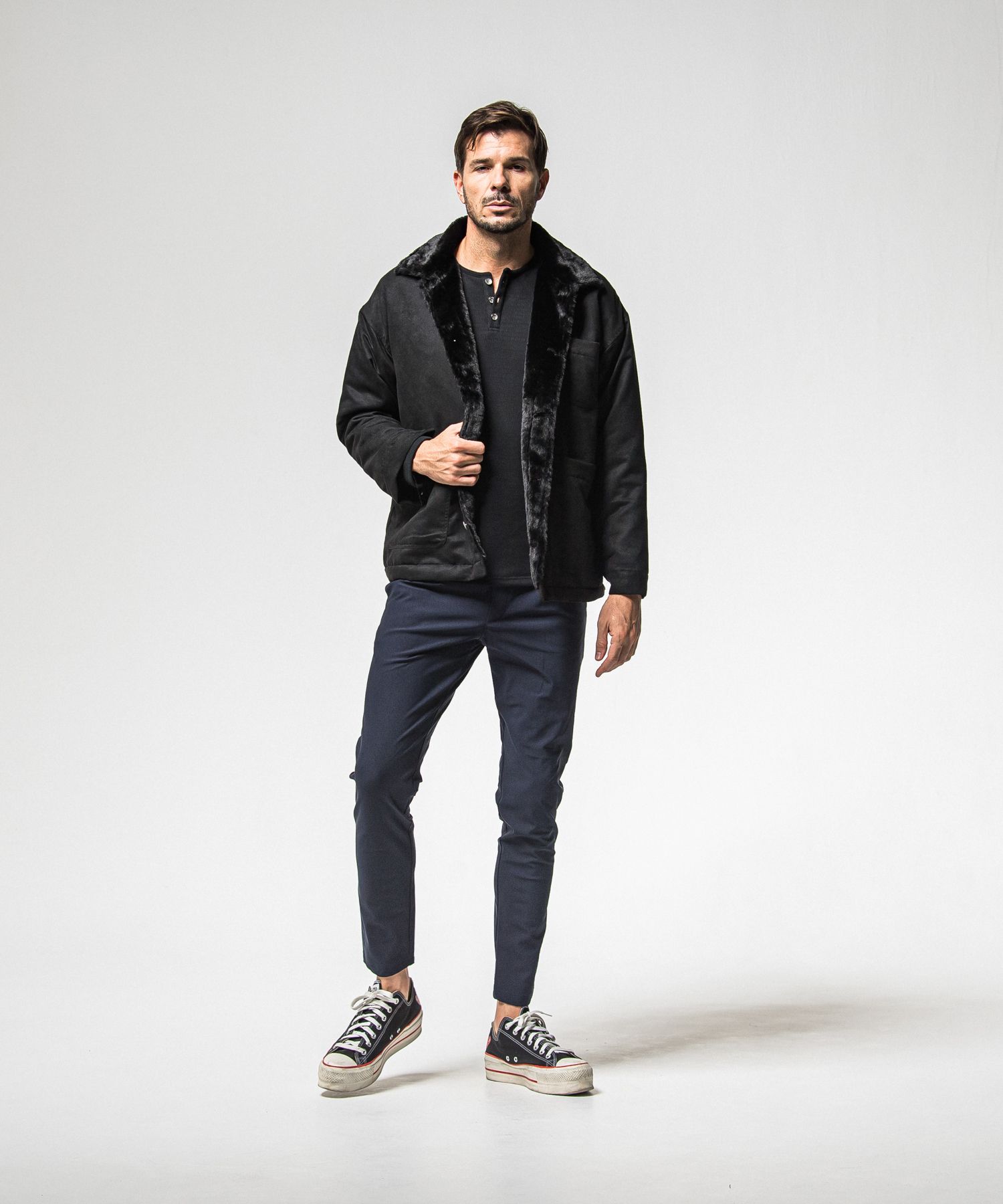 VELOURS FLEECE THERMAL HENRY / RC38-C-003 / 裏起毛サーマルヘンリーネックロングTシャツ / ブラック (10月中旬入荷予定)