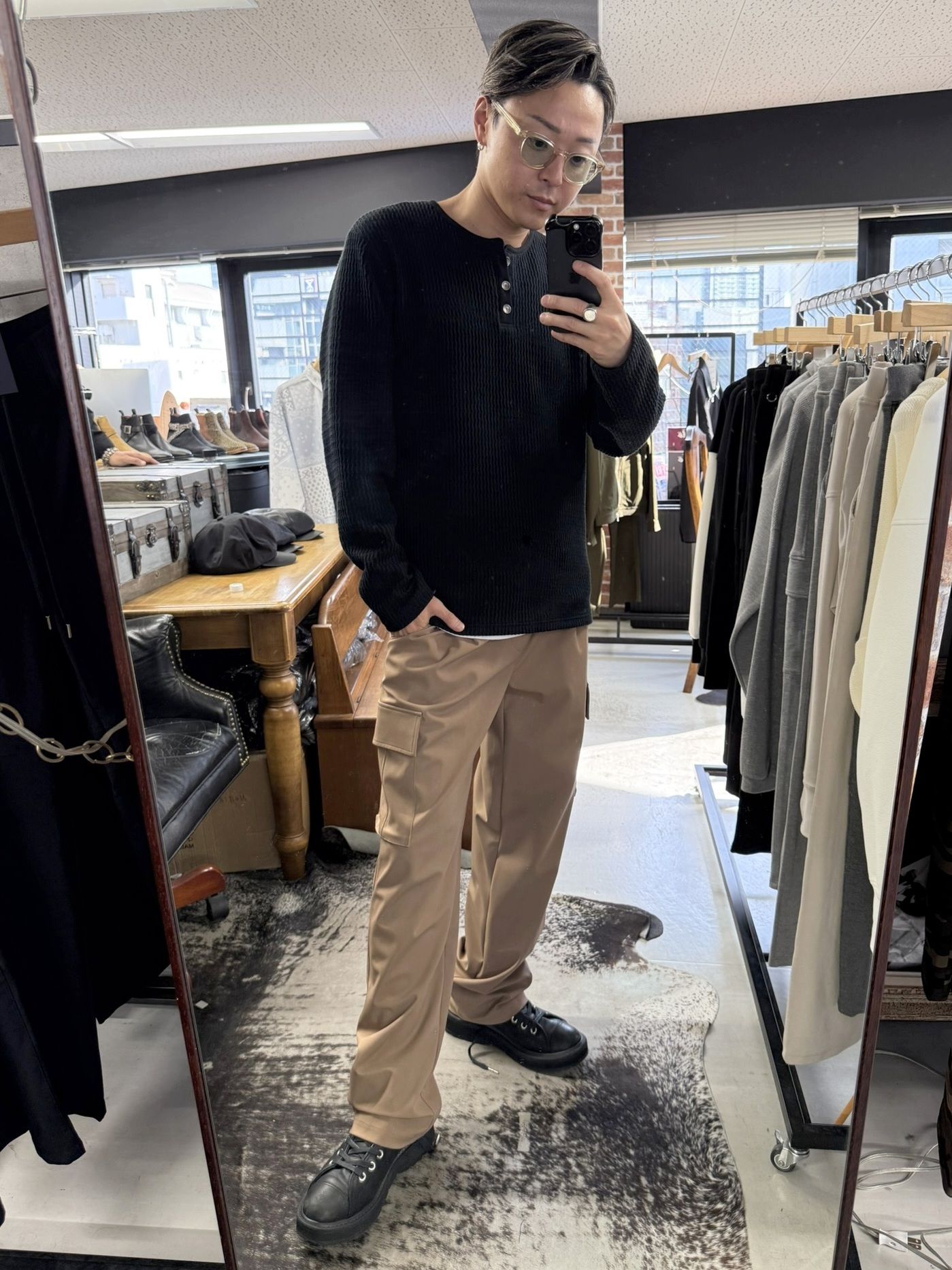 KNT HENRY / RC41-C-001 / コットンニットヘンリーネックロングTシャツ / ブラック (9月上旬入荷予定)