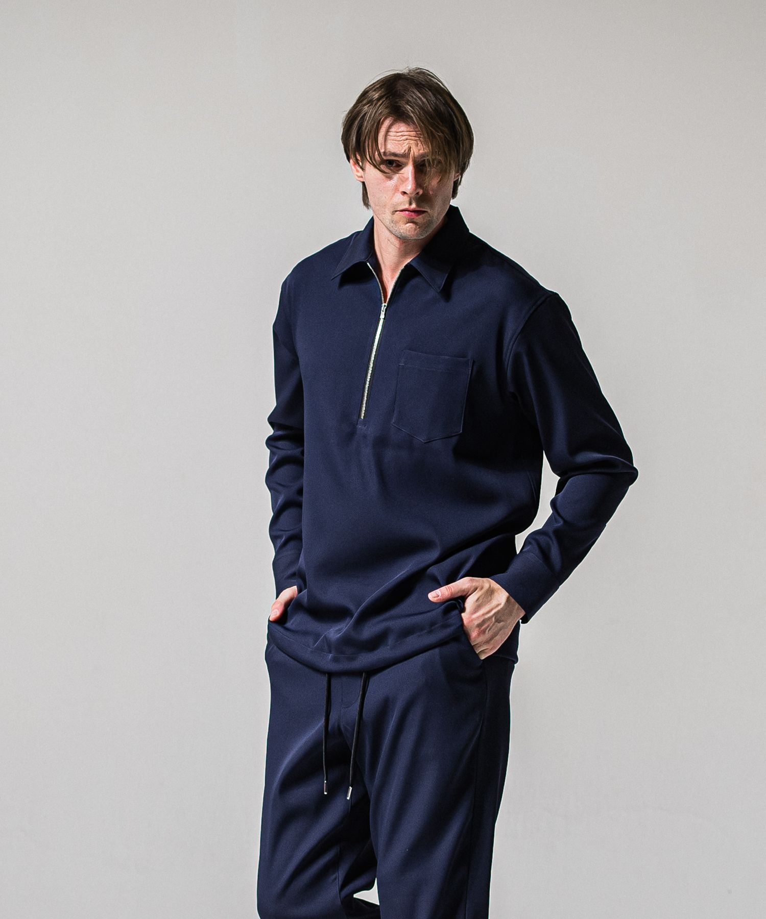 PULLOVER SATIN SHIRT / RC39-SH-002 / ハーフジップサテンシャツ / ネイビー (3月上旬入荷予定)