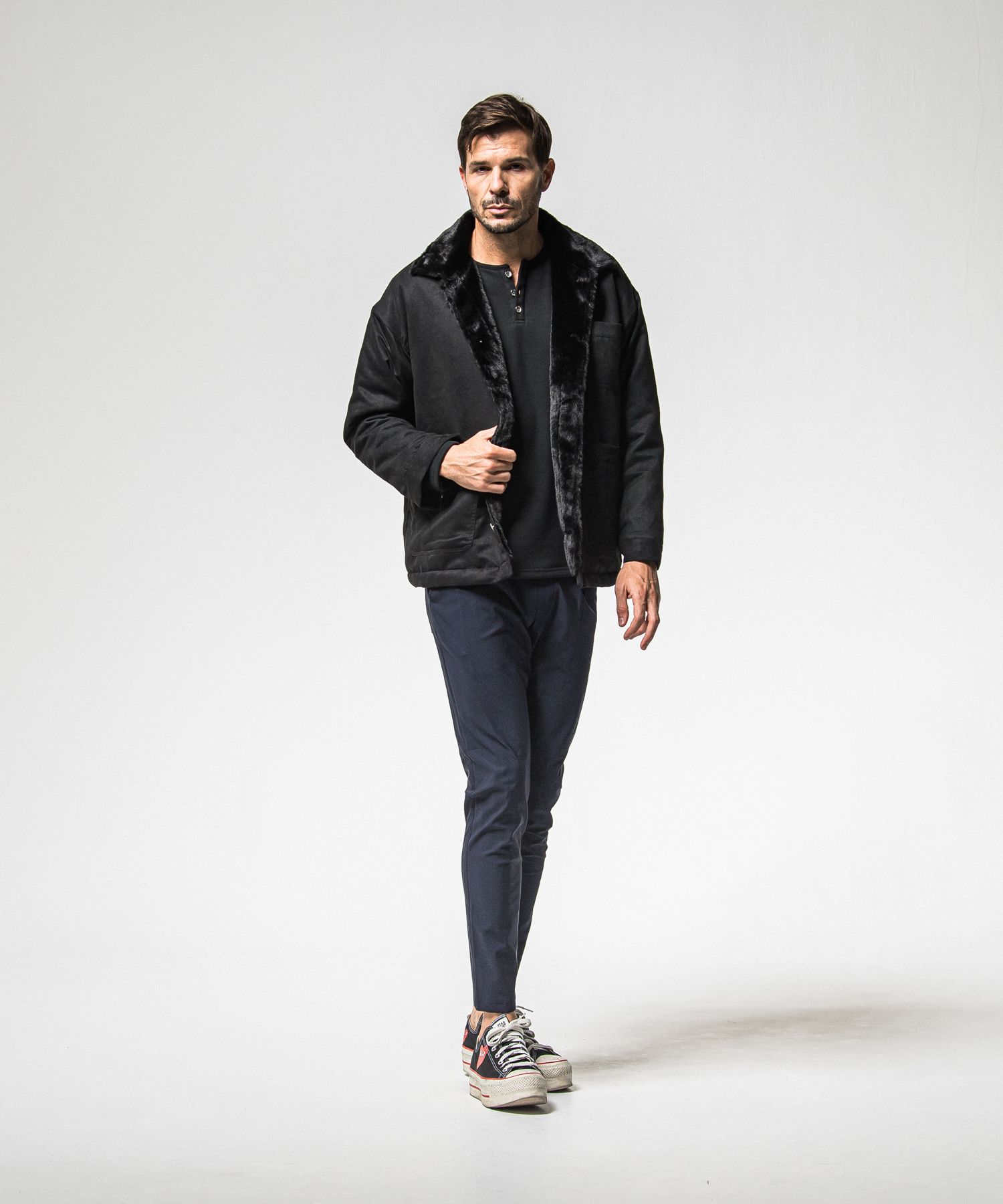 VELOURS FLEECE THERMAL HENRY / RC38-C-003 / 裏起毛サーマルヘンリーネックロングTシャツ / ブラック (10月中旬入荷予定)