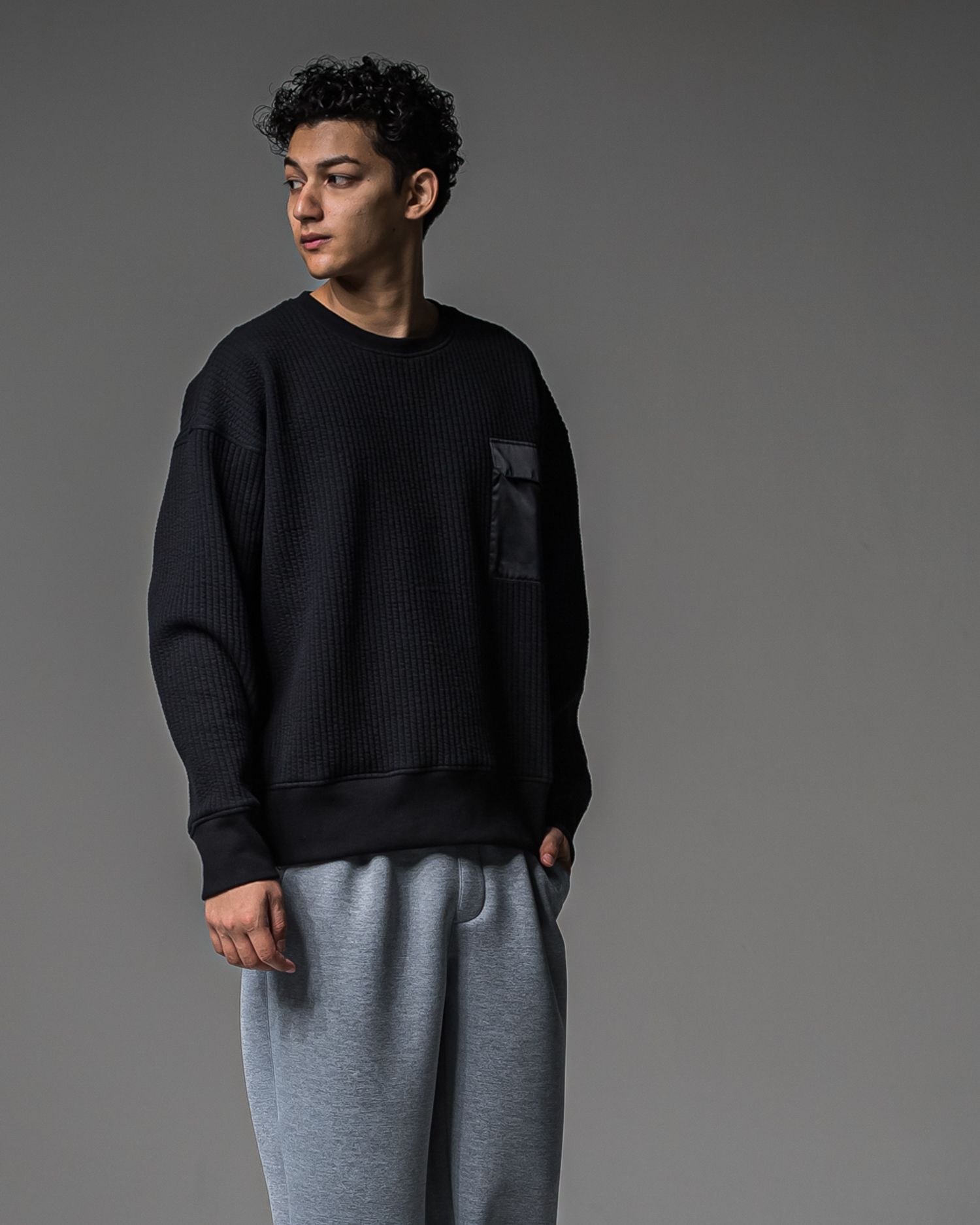 STRIPE QUILTING DROP TRAINER / RC37-C-003 / ストライプキルティングトレーナー / ブラック (9月下旬入荷予定)
