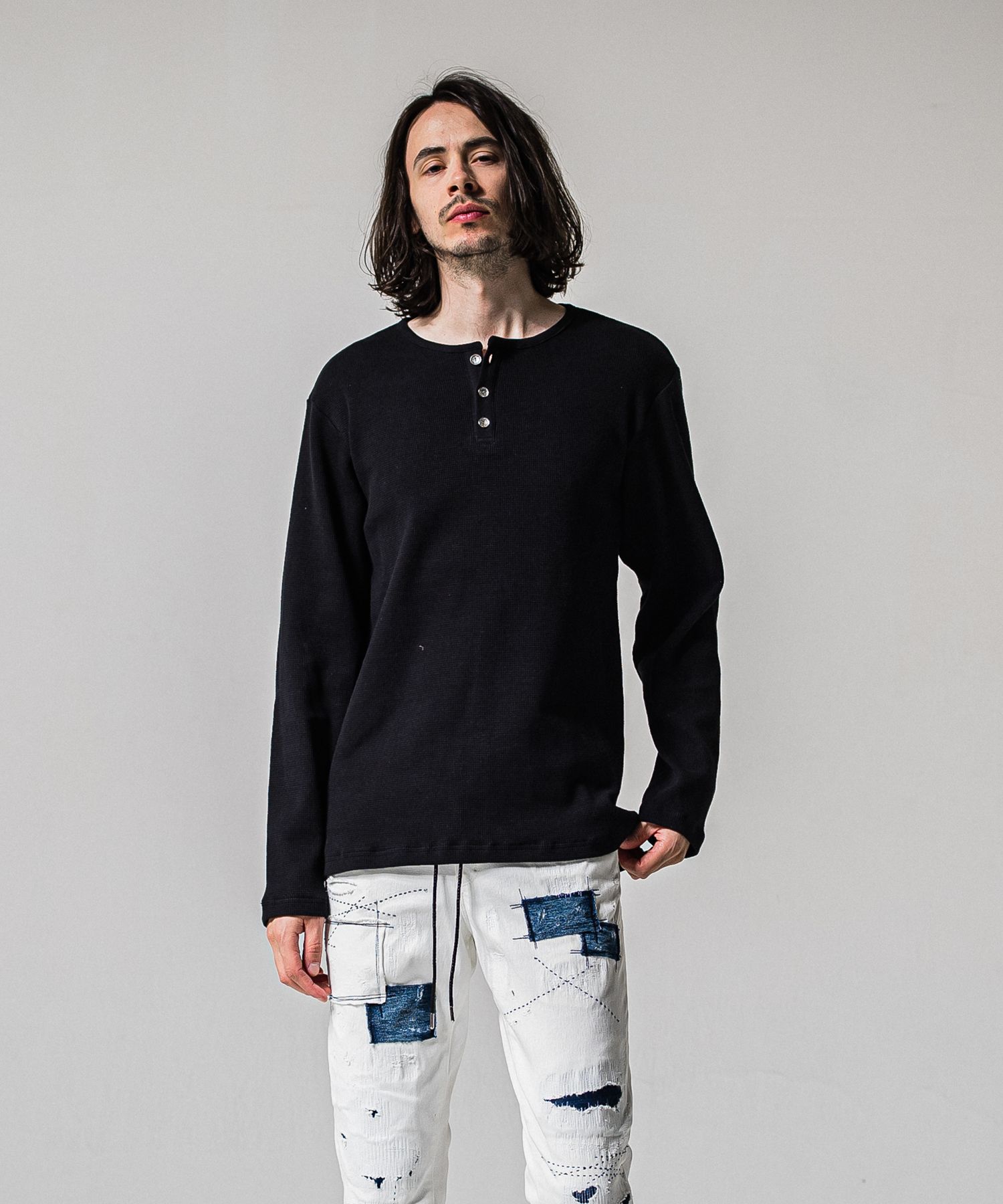 WAFFLE HENRY / RC39-C-001 / サーマルヘンリーネックロングTシャツ / ブラック (1月中旬入荷予定)