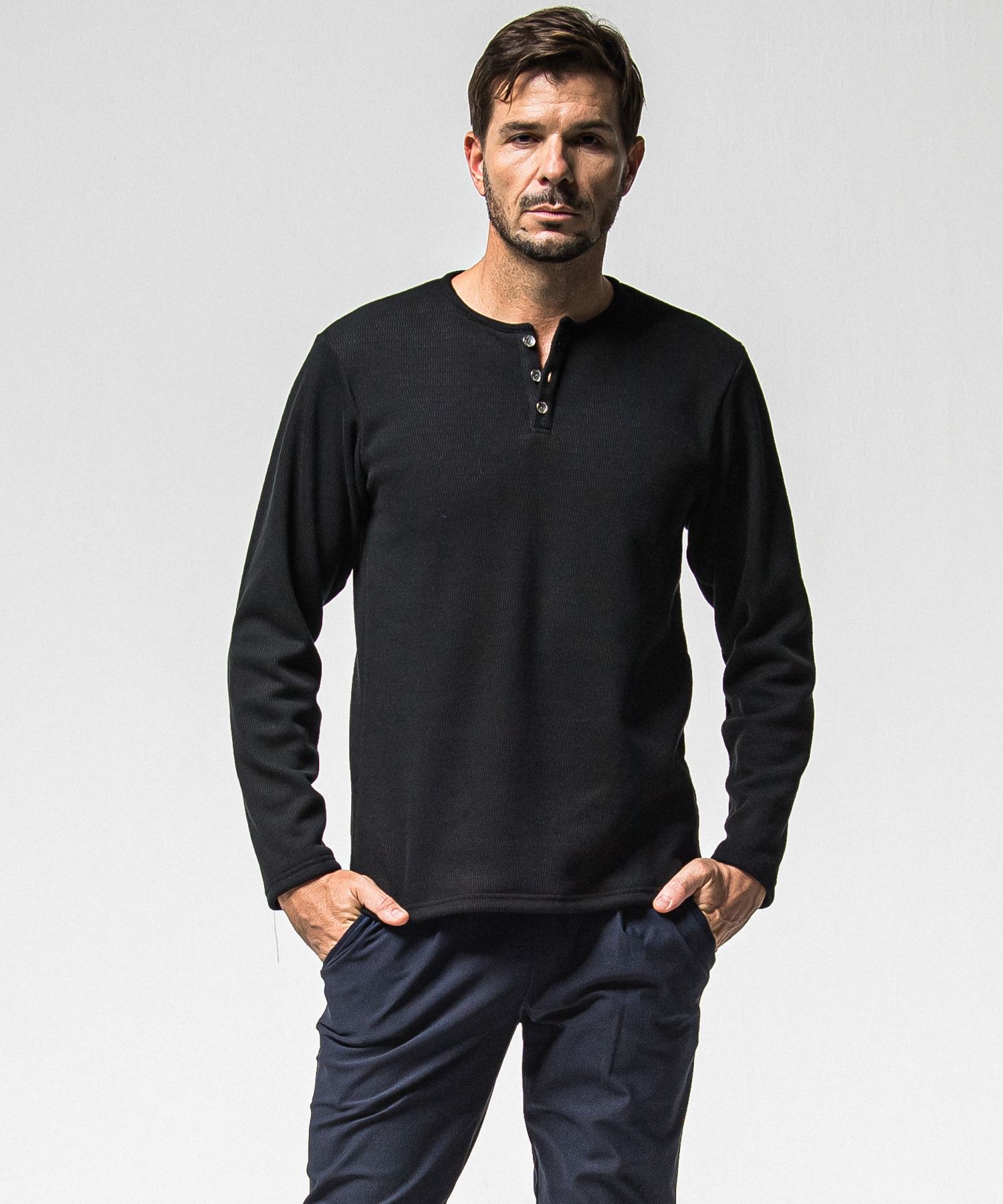 VELOURS FLEECE THERMAL HENRY / RC38-C-003 / 裏起毛サーマルヘンリーネックロングTシャツ / ブラック (10月中旬入荷予定)