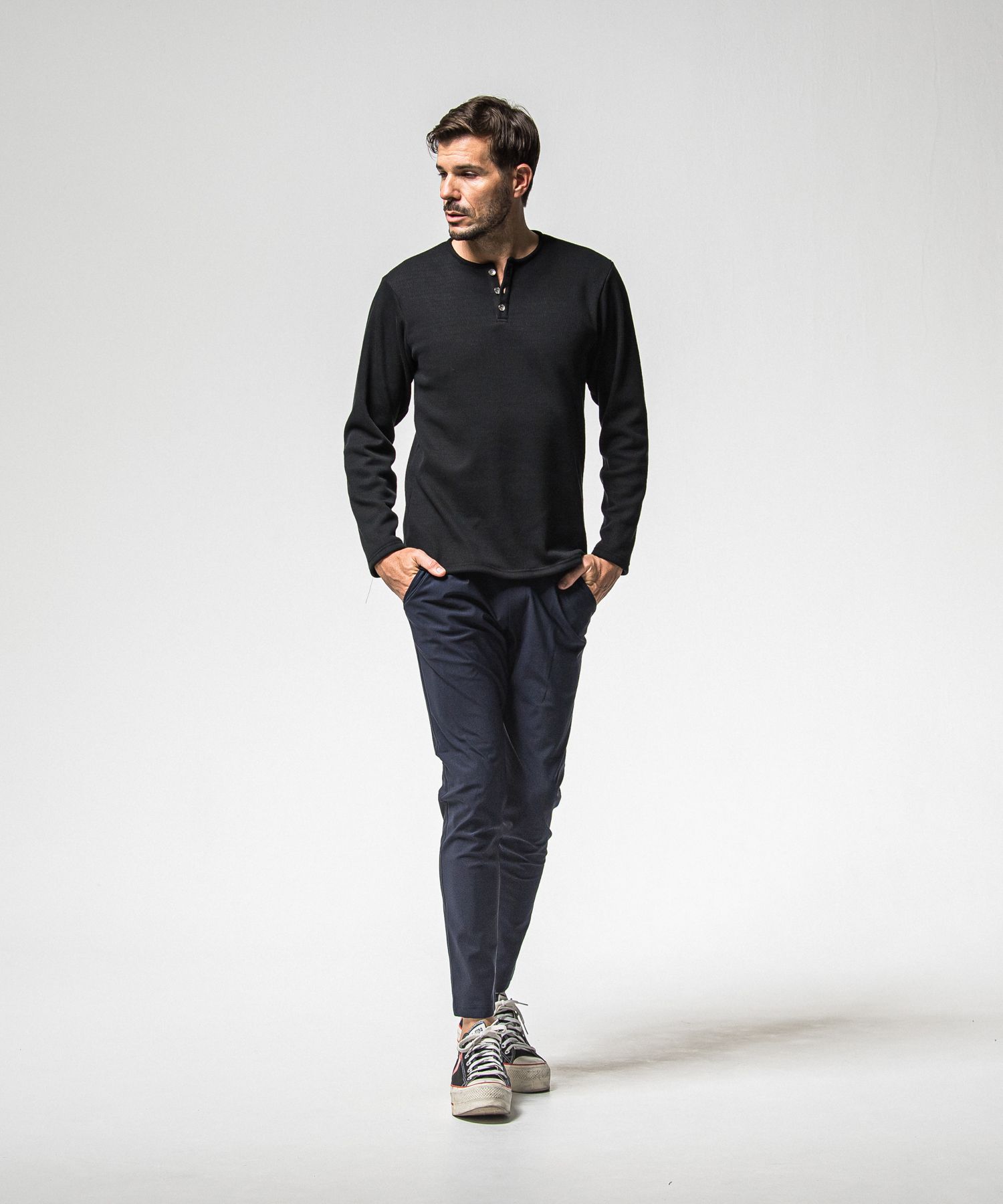 VELOURS FLEECE THERMAL HENRY / RC38-C-003 / 裏起毛サーマルヘンリーネックロングTシャツ / ブラック (10月中旬入荷予定)