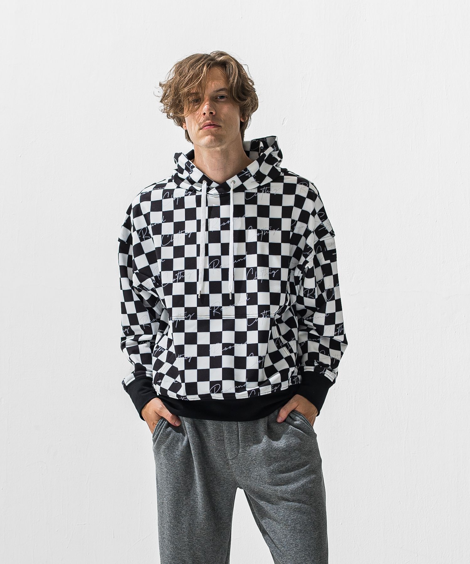 CHECKER BACK FLEECE HOODIE / RC42-C-009 / 裏起毛チェッカー柄プルオーバーパーカー / ホワイト×ブラック (11月上旬入荷予定)