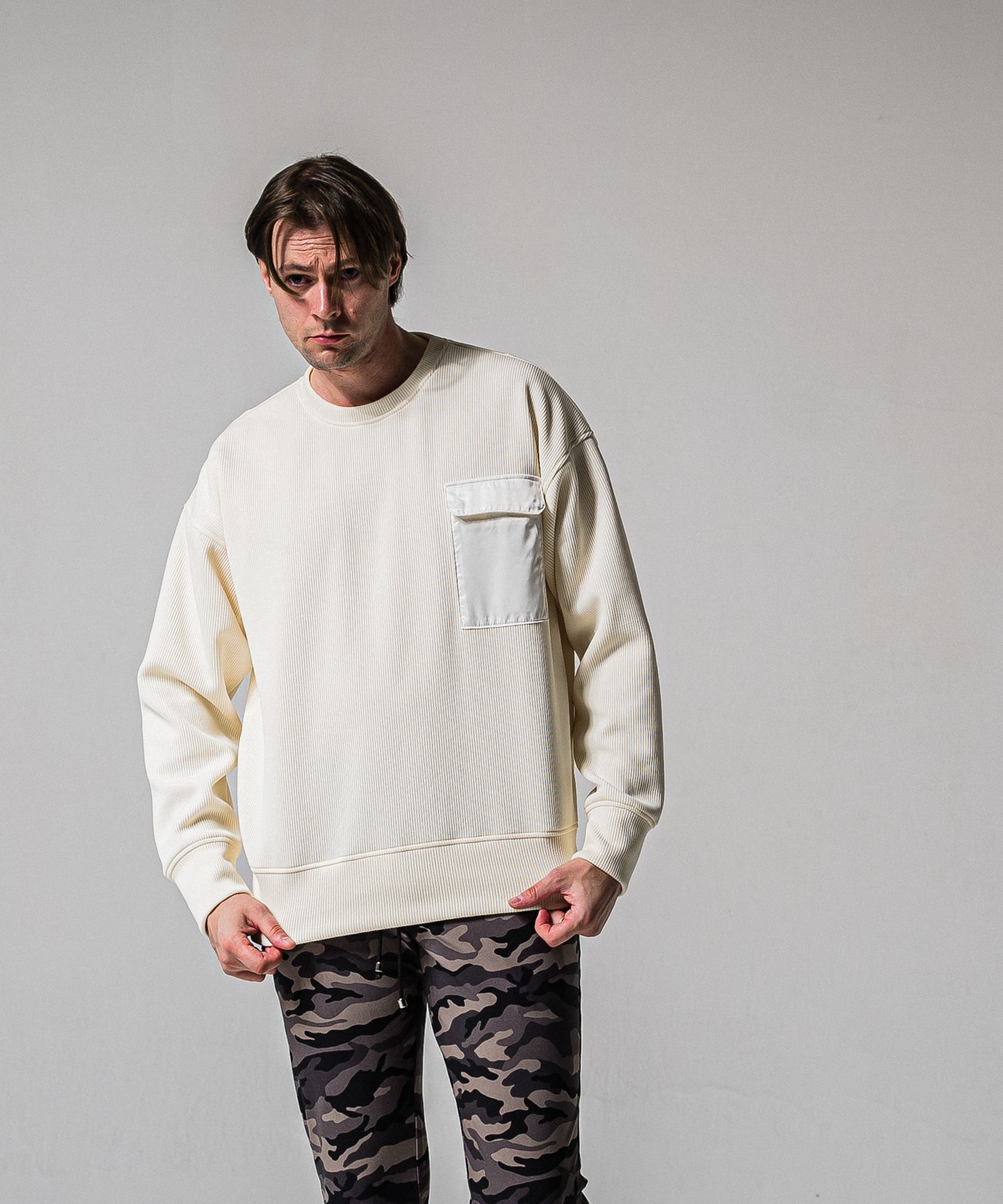 AZE MILITARY DROP TRAINER / RC39-C-003 / 高機能畦編みニットトレーナー / オフホワイト (1月下旬入荷予定)