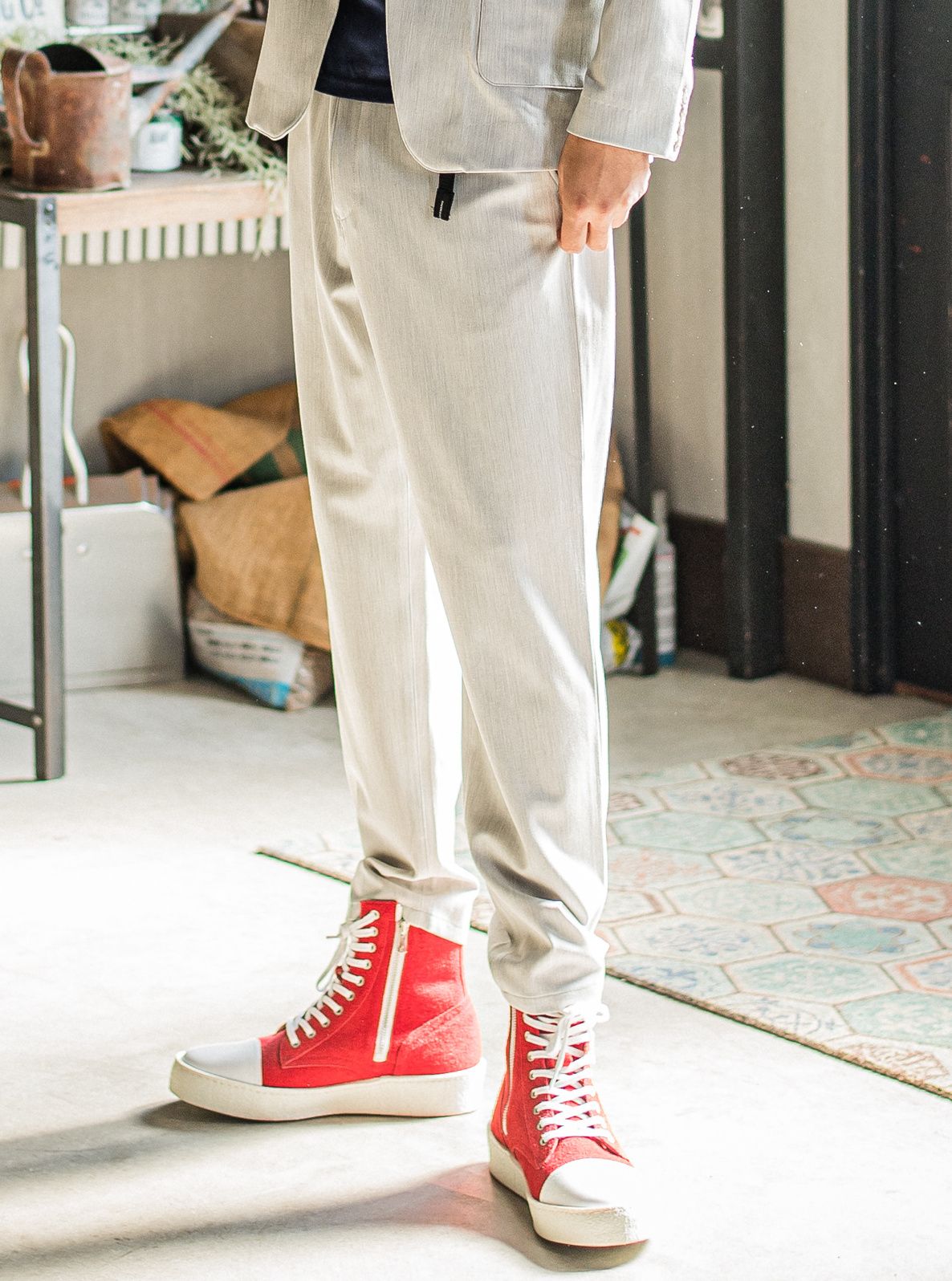 PAT WIDE EASY PANTS / RC31-ST-036 / ベルト付きテーパードワイドパンツ / グレー