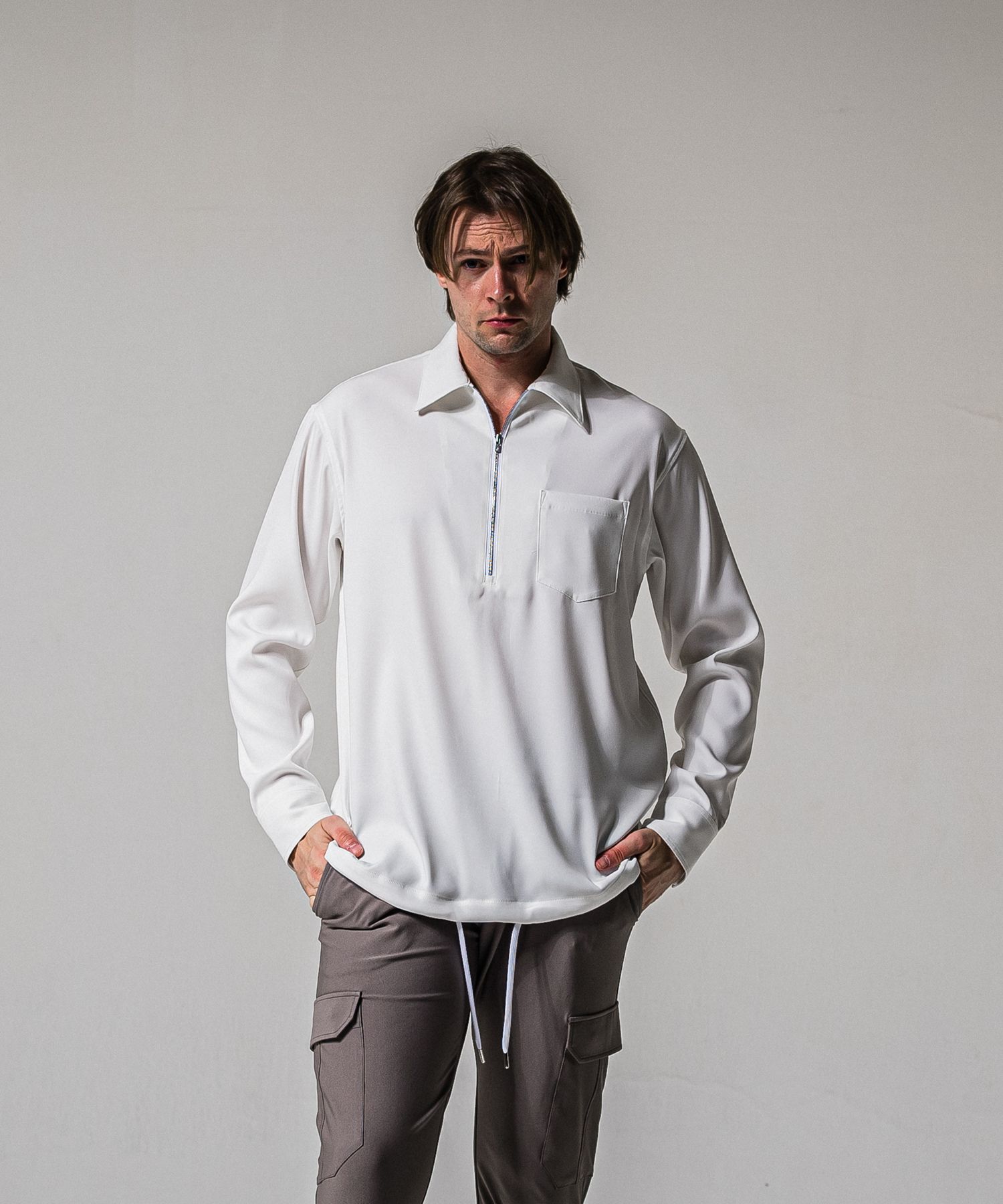 PULLOVER SATIN SHIRT / RC39-SH-002 / ハーフジップサテンシャツ / ホワイト (3月上旬入荷予定)