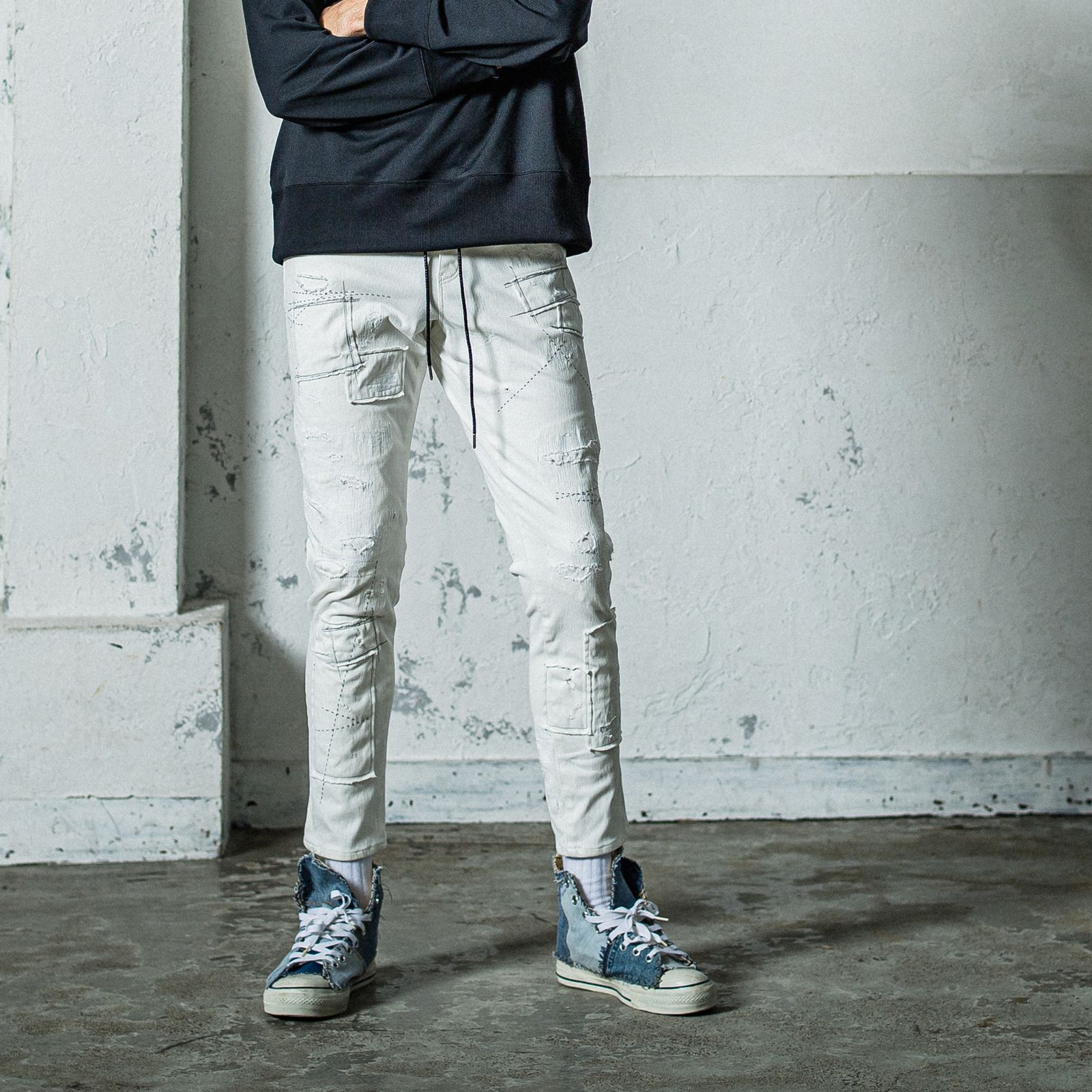 MICK DENIM JERSEY / RC35-ST-020 / デニムジャージテーパードパンツ / ホワイトリメイク