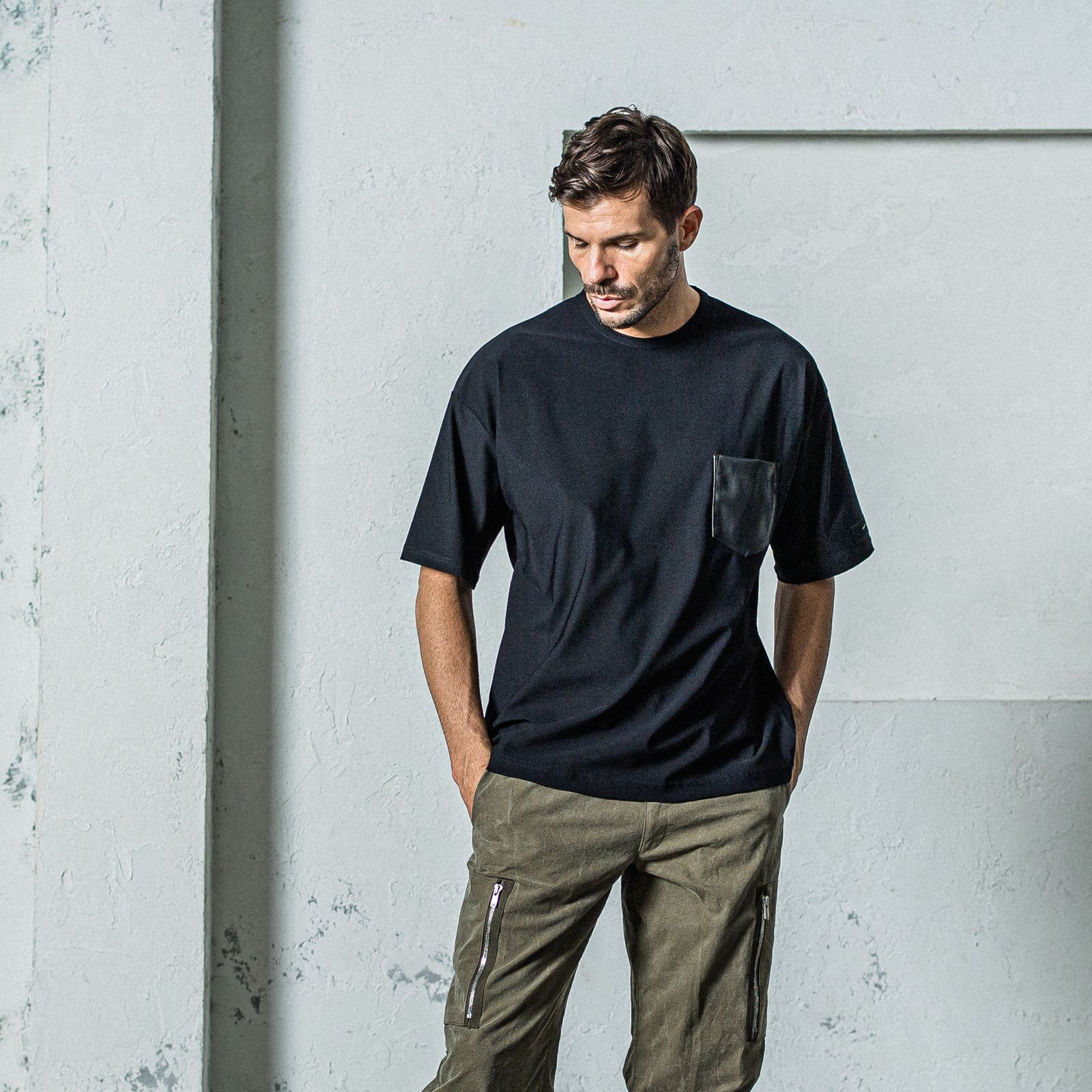 LEATHER POCKET OVER NYLON T / RC35-T-005 / レザーポケットナイロンビッグTシャツ / ブラック