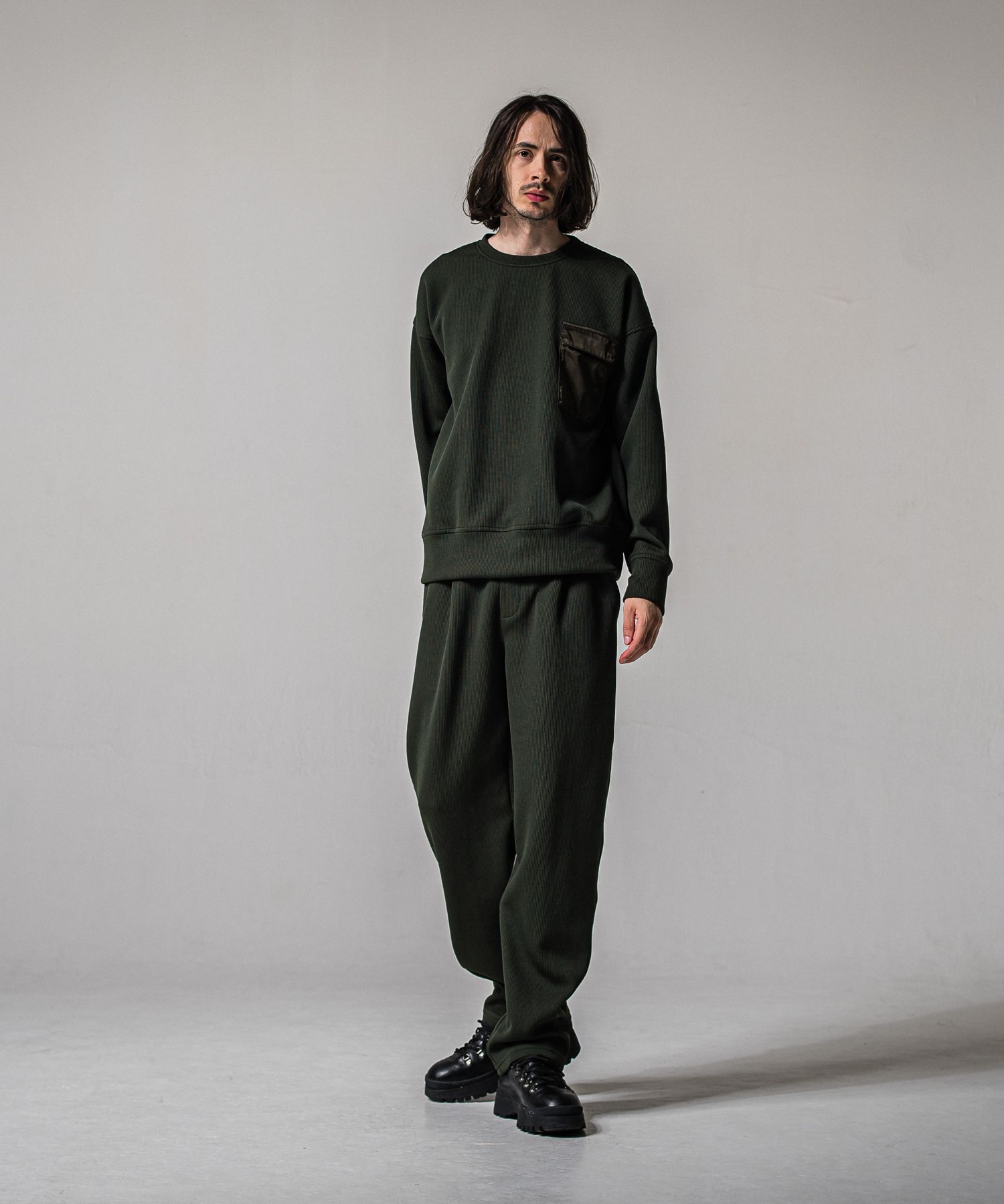 AZE MILITARY DROP TRAINER / RC39-C-003 / 高機能畦編みニットトレーナー / カーキ (1月下旬入荷予定)