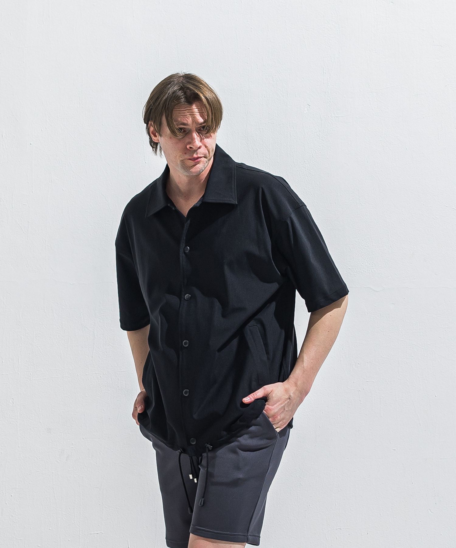 NYLON HALF COACH JACKET / RC40-C-002 / 半袖ナイロンコーチジャケット / ブラック (5月中旬入荷予定)