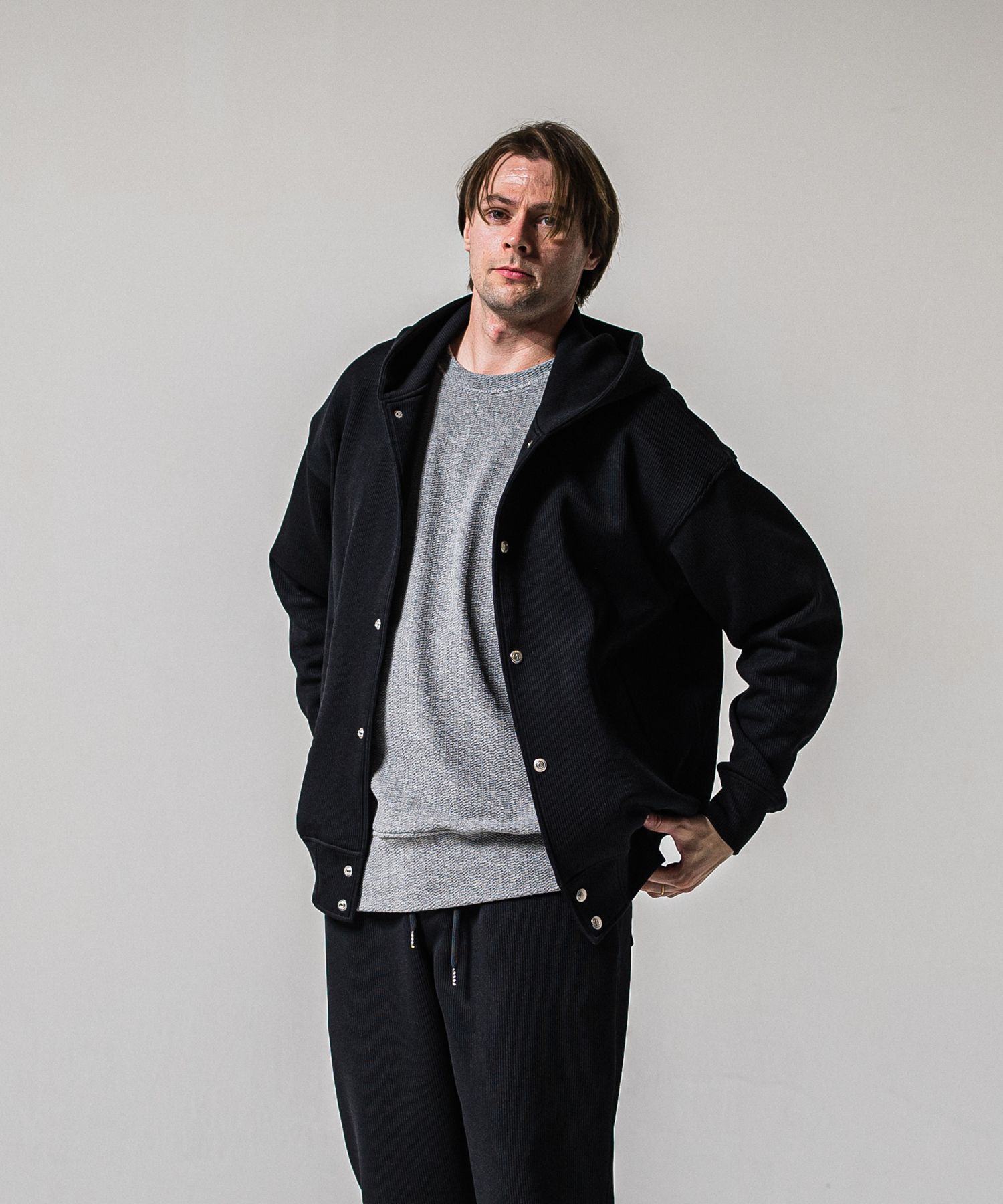 AZE VARSITY HOODIE / RC39-C-006 / 高機能畦編みニットトレーナー / ブラック (1月中旬入荷予定)