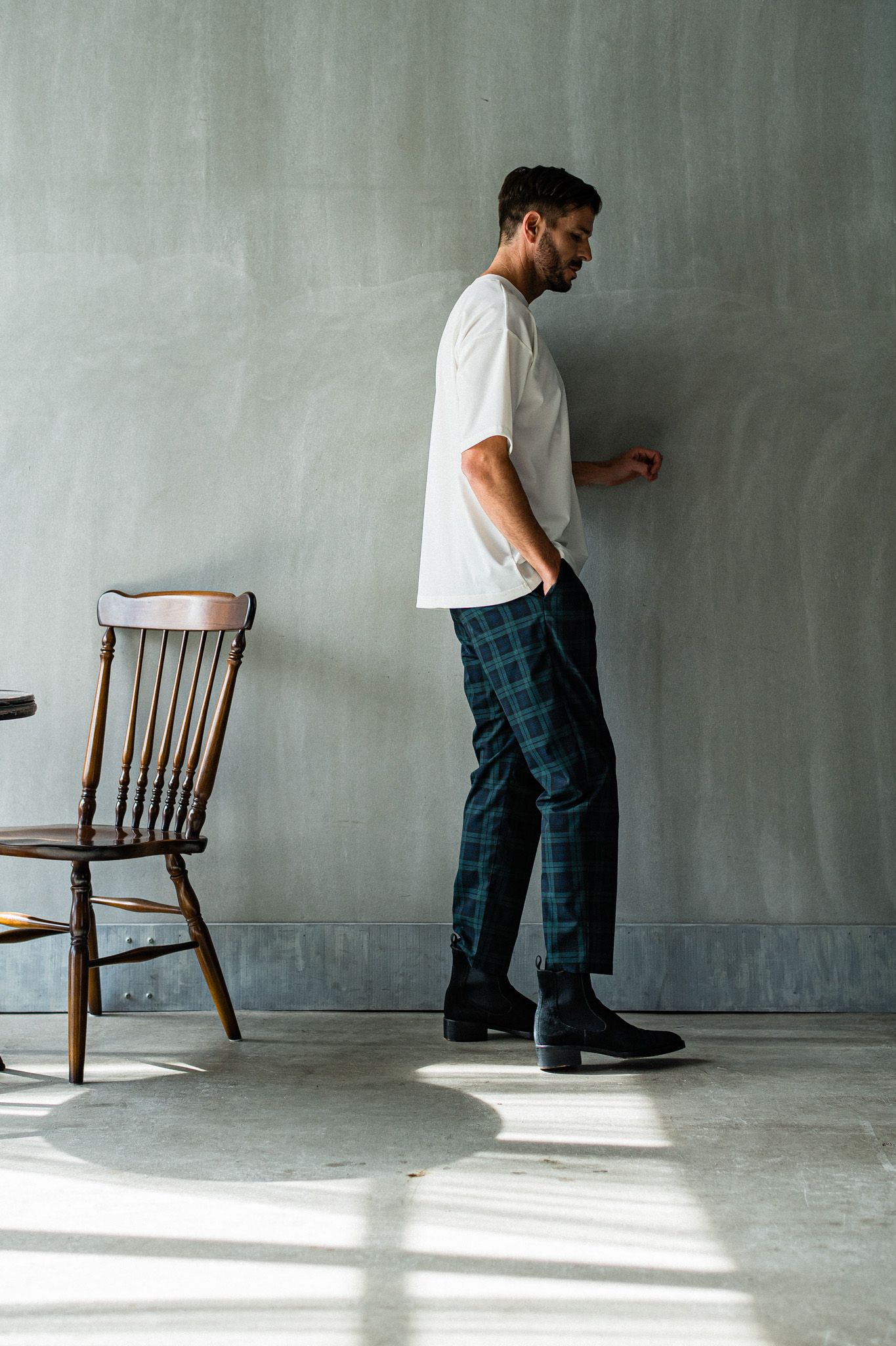 PAT WIDE EASY PANTS / RC32-ST-036 / ベルト付きテーパードワイドパンツ / グリーンチェック