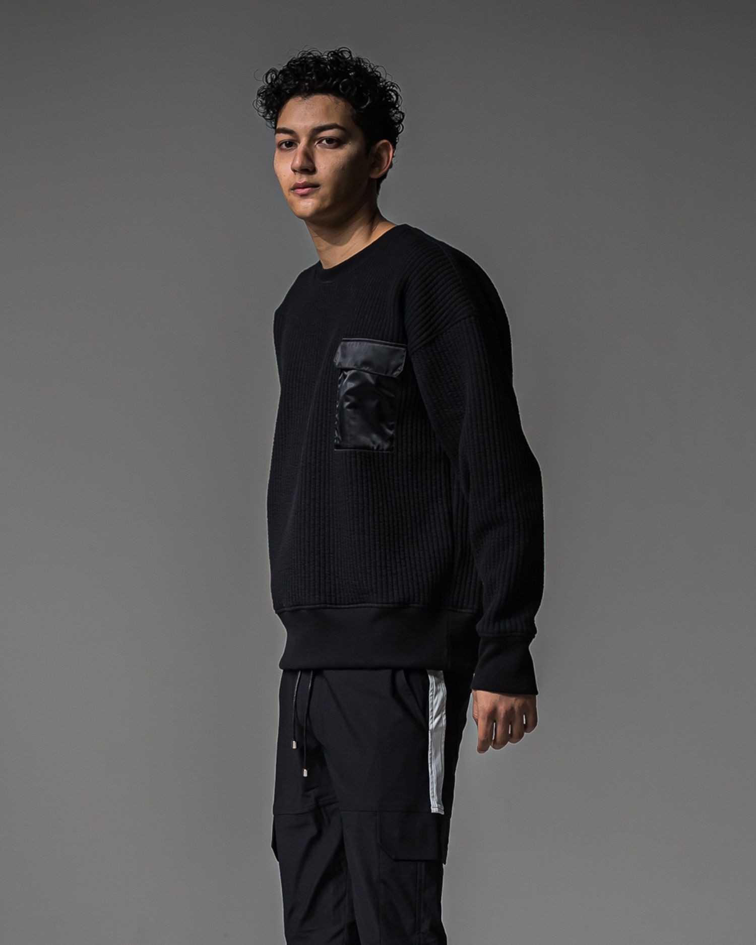 STRIPE QUILTING DROP TRAINER / RC37-C-003 / ストライプキルティングトレーナー / ブラック (9月下旬入荷予定)