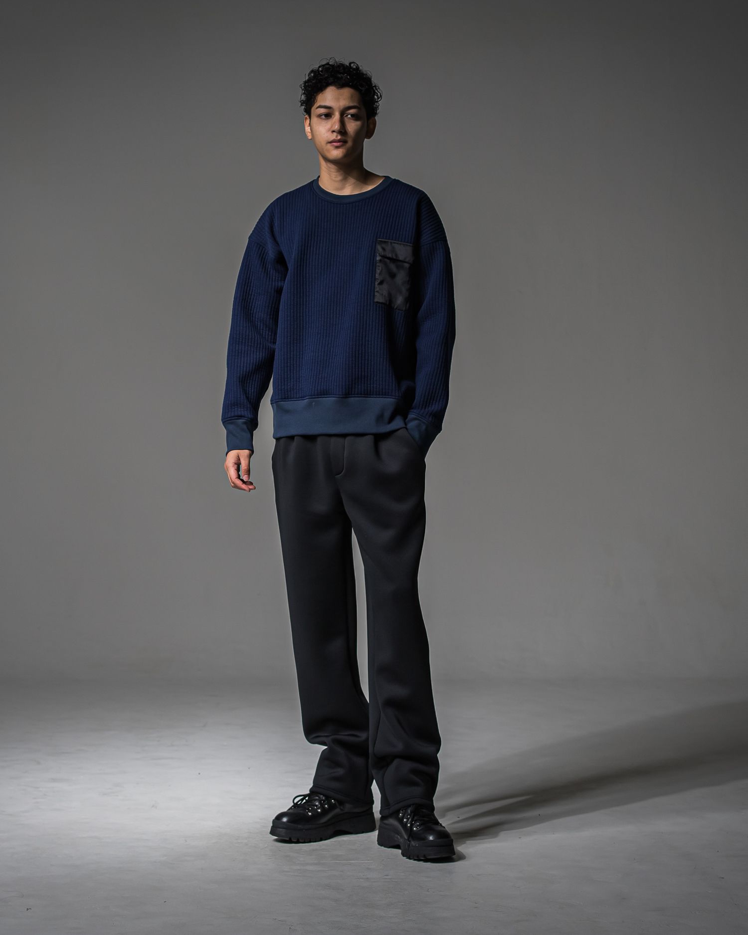 STRIPE QUILTING DROP TRAINER / RC37-C-003 / ストライプキルティングトレーナー / ネイビー (9月下旬入荷予定)