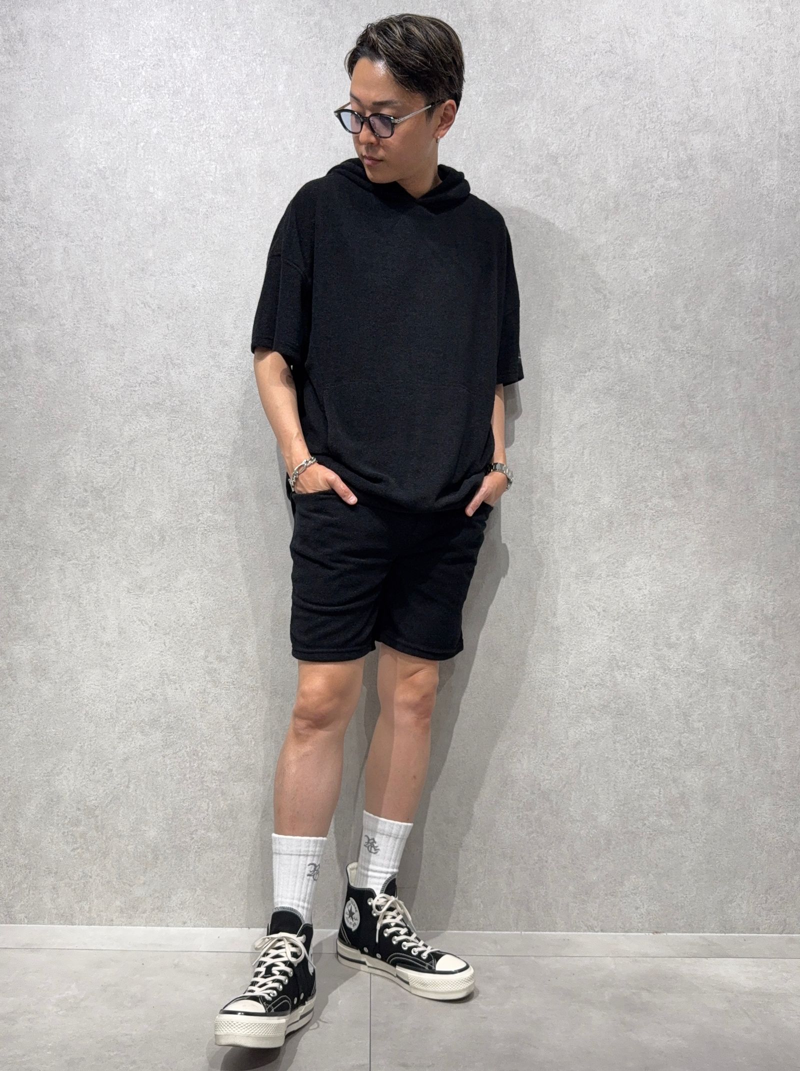 PILE HALF HOODIE / RC40-C-003 / パイル半袖パーカー / ブラック