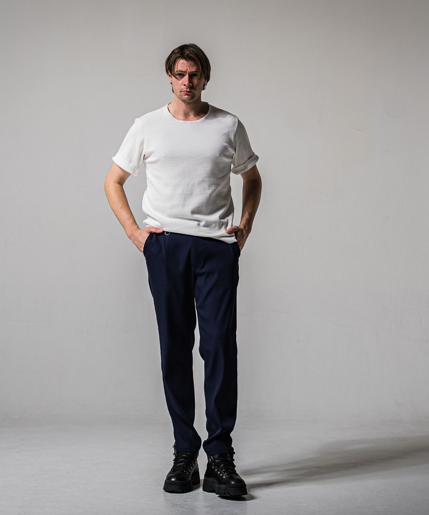 PAT WIDE EASY PANTS / RC39-ST-036BN / サテンワイドテーパードパンツ / ネイビー (2月下旬入荷予定)