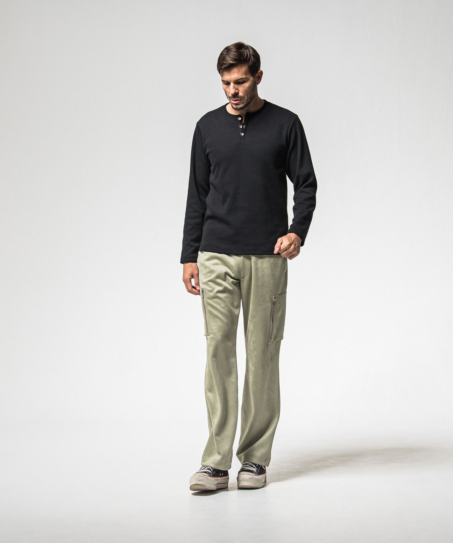 VELOURS FLEECE THERMAL HENRY / RC38-C-003 / 裏起毛サーマルヘンリーネックロングTシャツ / ブラック (10月中旬入荷予定)