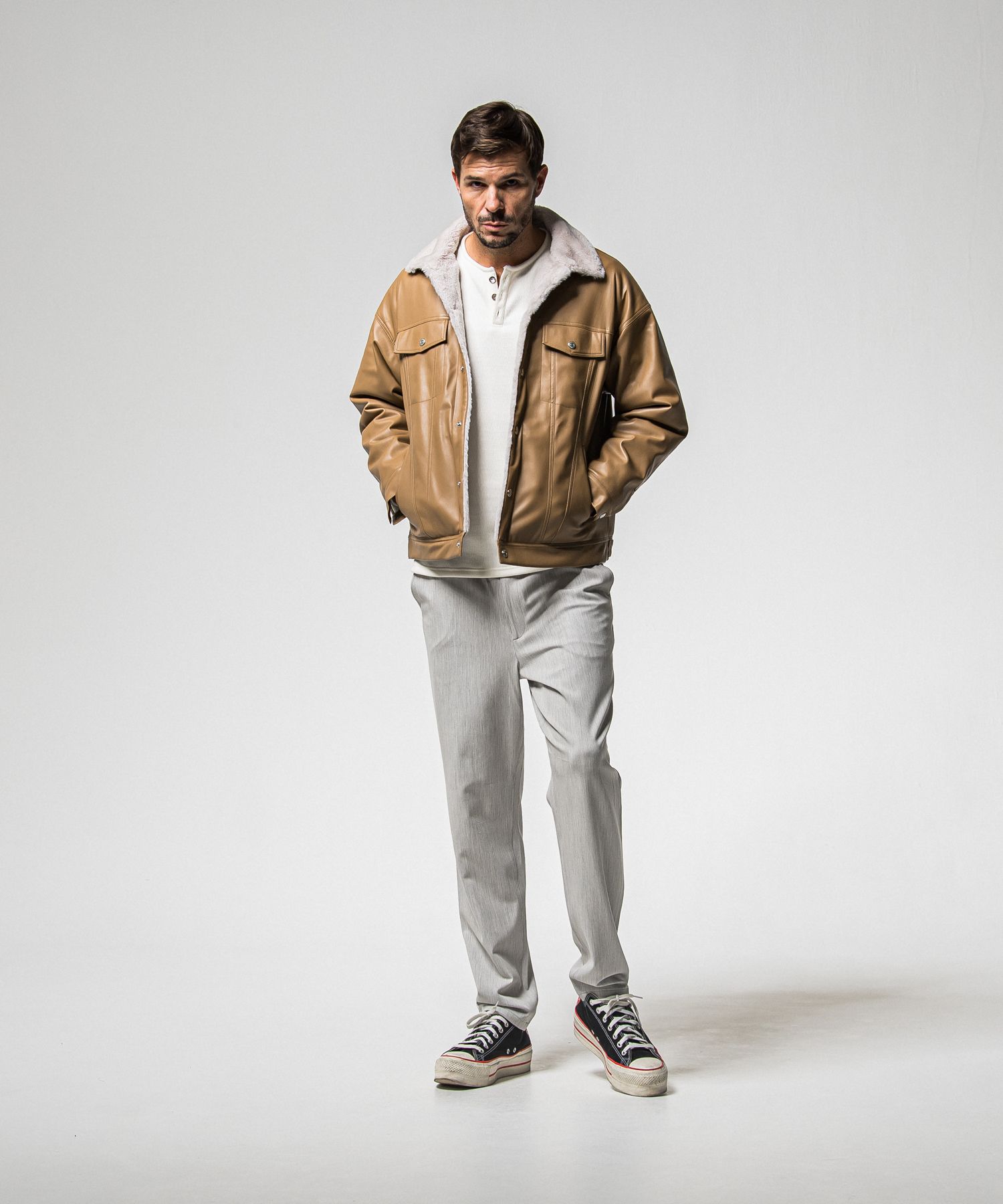 VELOURS FLEECE THERMAL HENRY / RC38-C-003 / 裏起毛サーマルヘンリーネックロングTシャツ / ホワイト (10月中旬入荷予定)