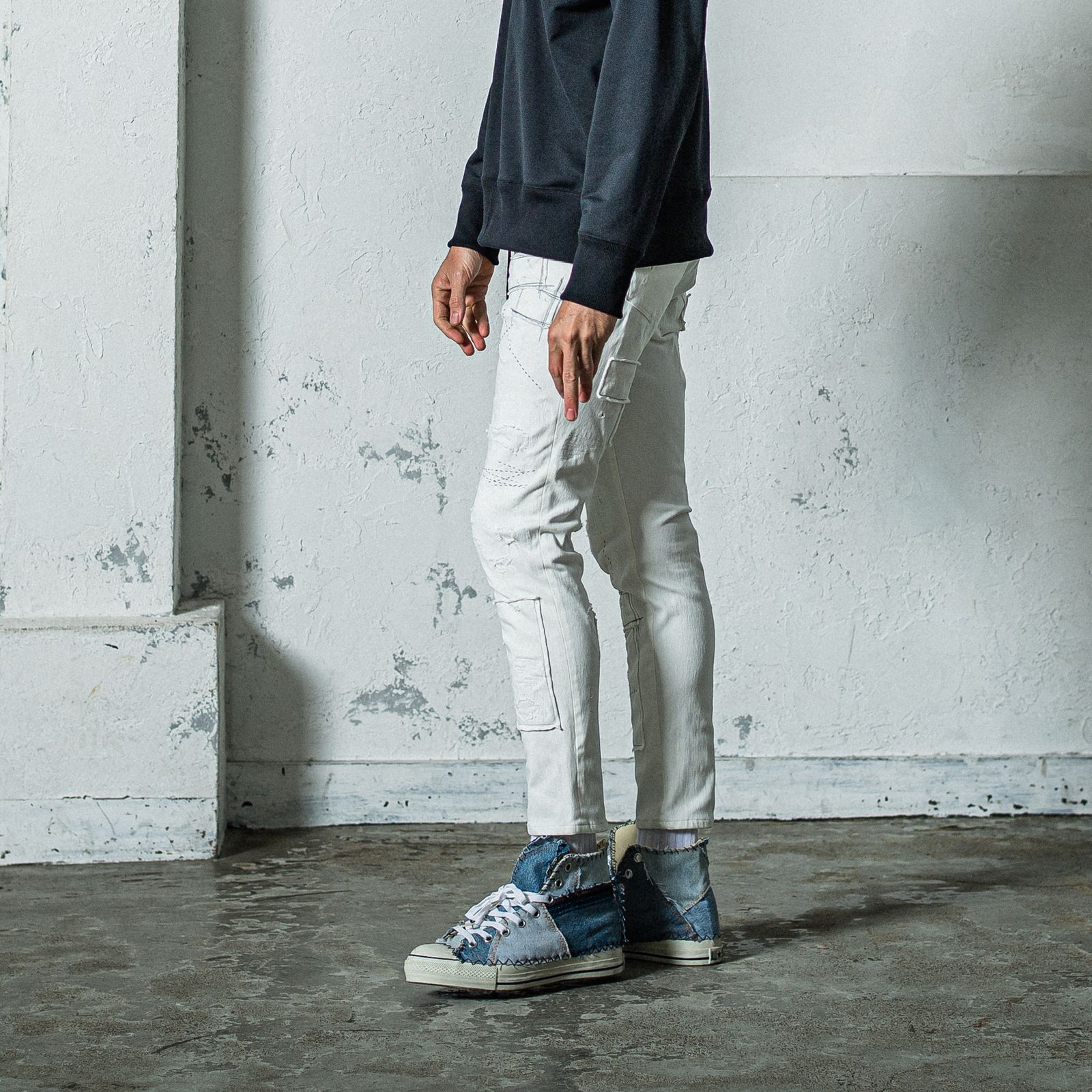 MICK DENIM JERSEY / RC35-ST-020 / デニムジャージテーパードパンツ / ホワイトリメイク