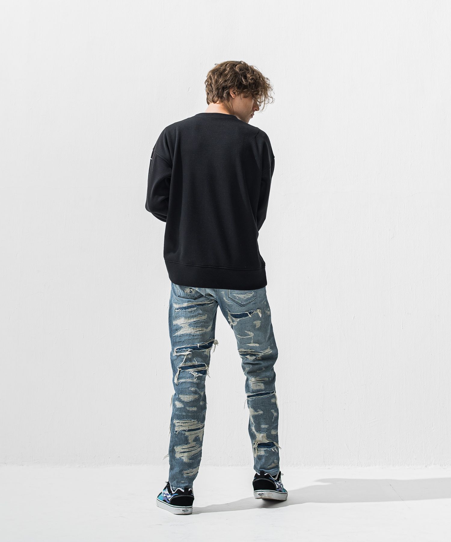 VELOURS FLEECE THERMAL LOOSE TRAINER / RC42-C-002 / 裏起毛サーマルトレーナー / ブラック (10月下旬入荷予定)
