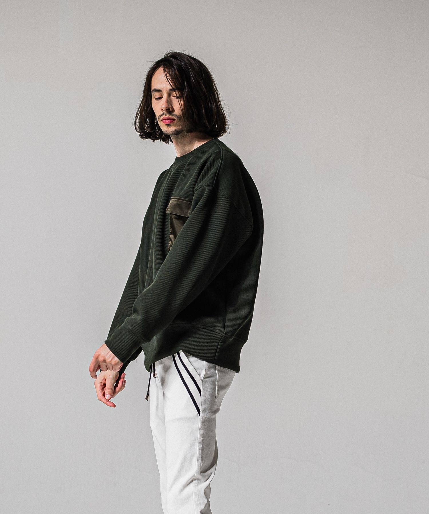 AZE MILITARY DROP TRAINER / RC39-C-003 / 高機能畦編みニットトレーナー / カーキ (1月下旬入荷予定)