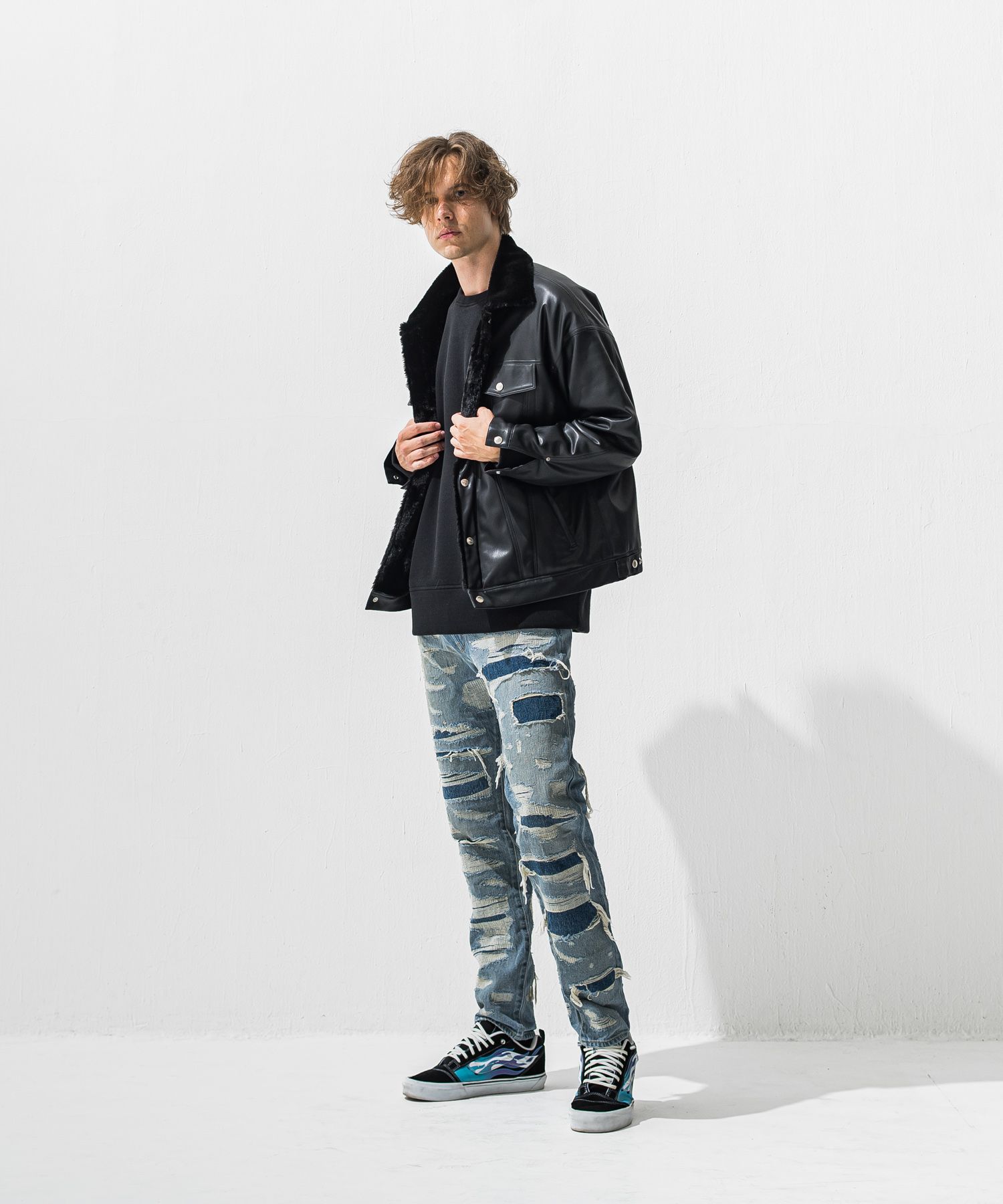 VELOURS FLEECE THERMAL LOOSE TRAINER / RC42-C-002 / 裏起毛サーマルトレーナー / ブラック (10月下旬入荷予定)