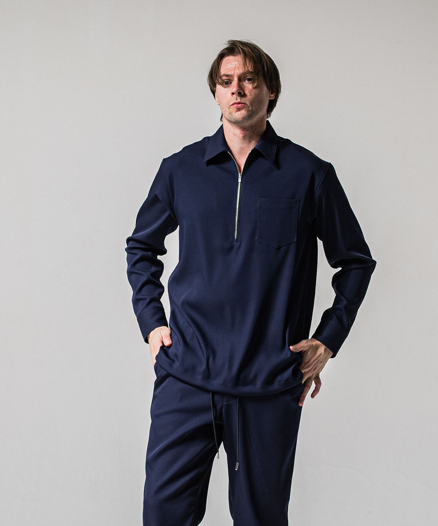 PULLOVER SATIN SHIRT / RC39-SH-002 / ハーフジップサテンシャツ / ネイビー (3月上旬入荷予定)