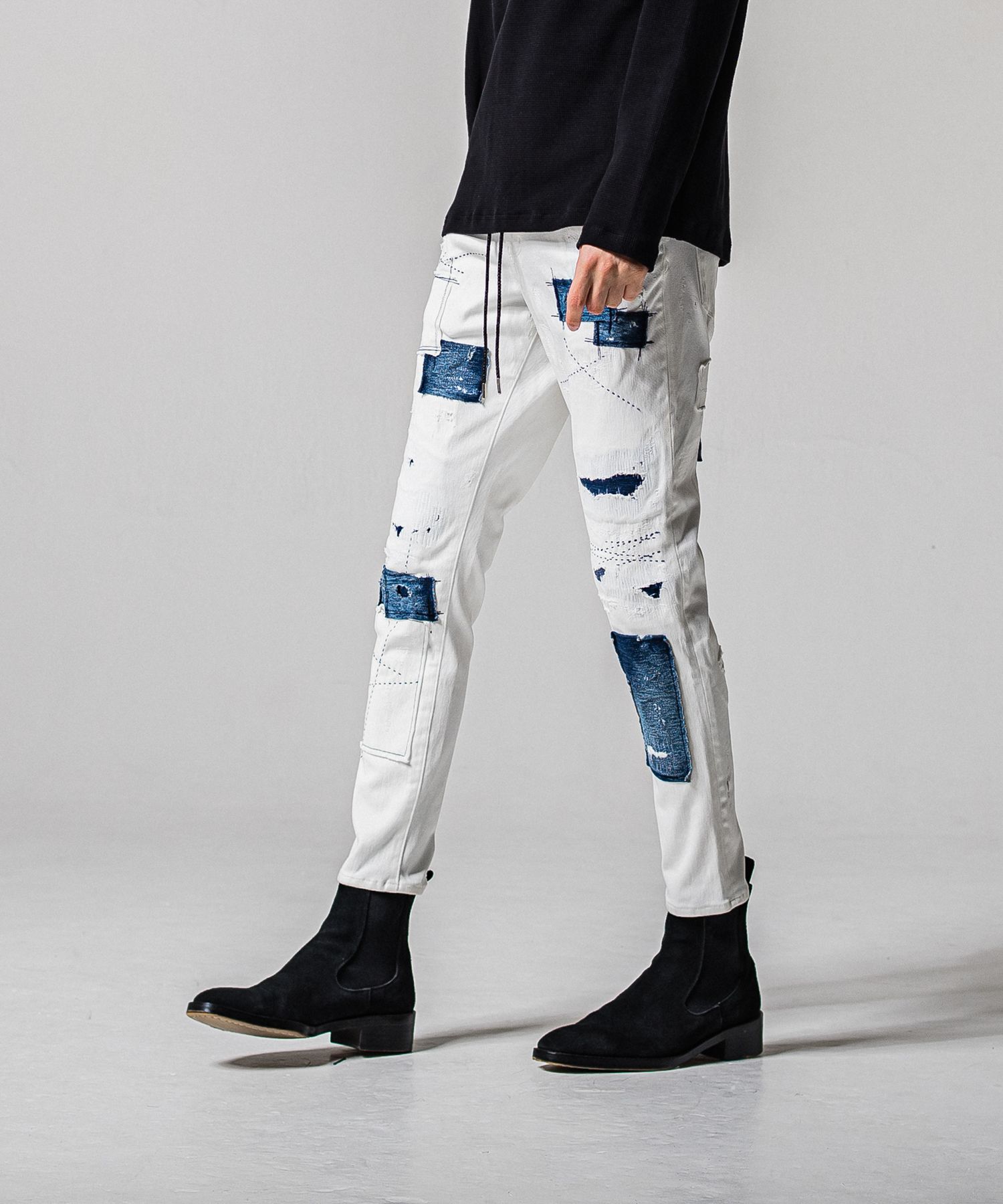 MICK DENIM JERSEY / BASIC-ST-020 / デニムジャージテーパードパンツ / ホワイトリメイク (2月中旬入荷予定)