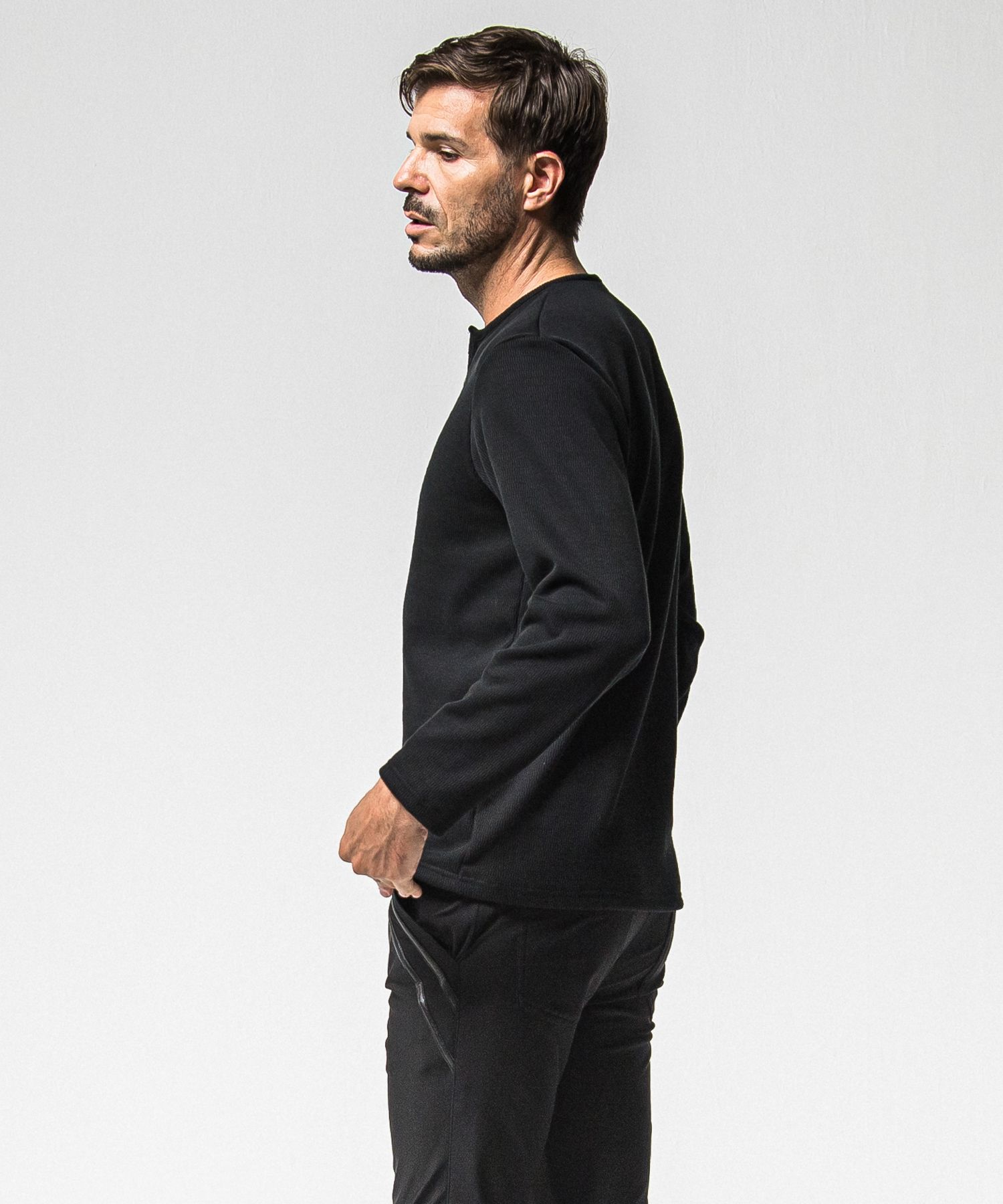 VELOURS FLEECE THERMAL HENRY / RC38-C-003 / 裏起毛サーマルヘンリーネックロングTシャツ / ブラック (10月中旬入荷予定)