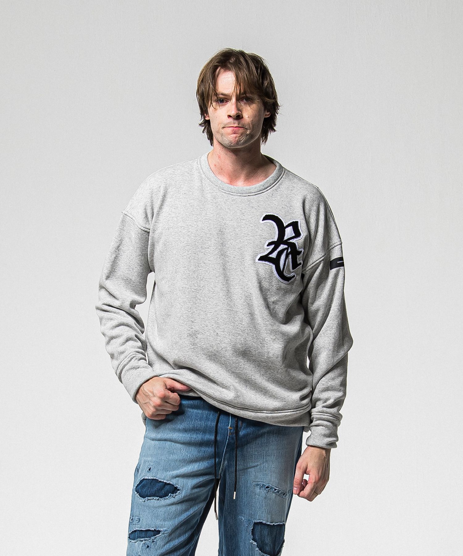 RC CHENILLE VELOURS FLEECE DROP TRAINER / RC38-C-004 / 裏起毛刺繍ワッペントレーナー / グレー (11月上旬入荷予定)