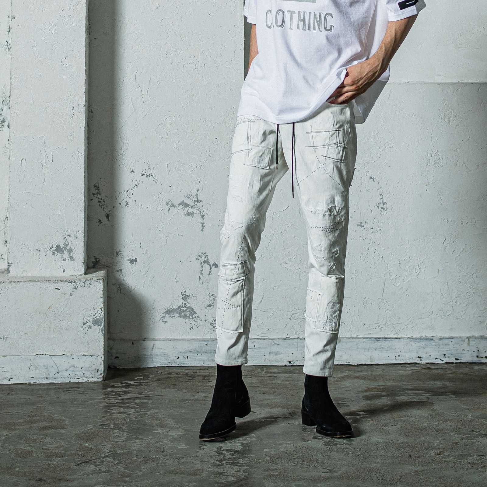 MICK DENIM JERSEY / RC35-ST-020 / デニムジャージテーパードパンツ / ホワイトリメイク