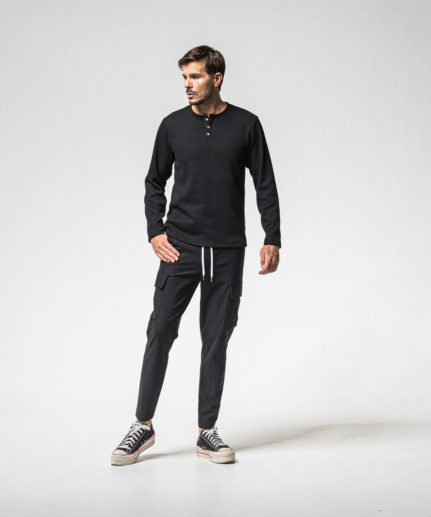 VELOURS FLEECE THERMAL HENRY / RC38-C-003 / 裏起毛サーマルヘンリーネックロングTシャツ / ブラック (10月中旬入荷予定)